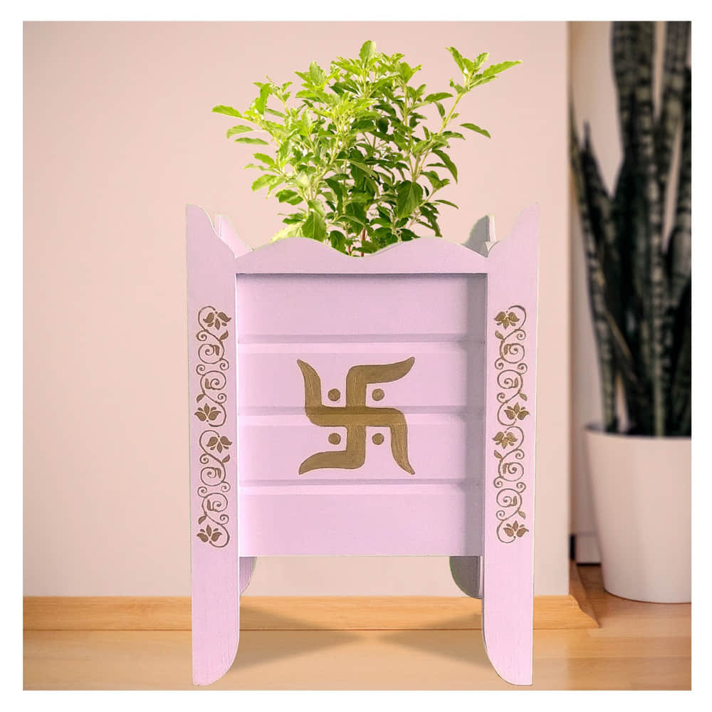 White Wood Polymer Composite Tulsi Planter with Hand painted Golden Art work - photo