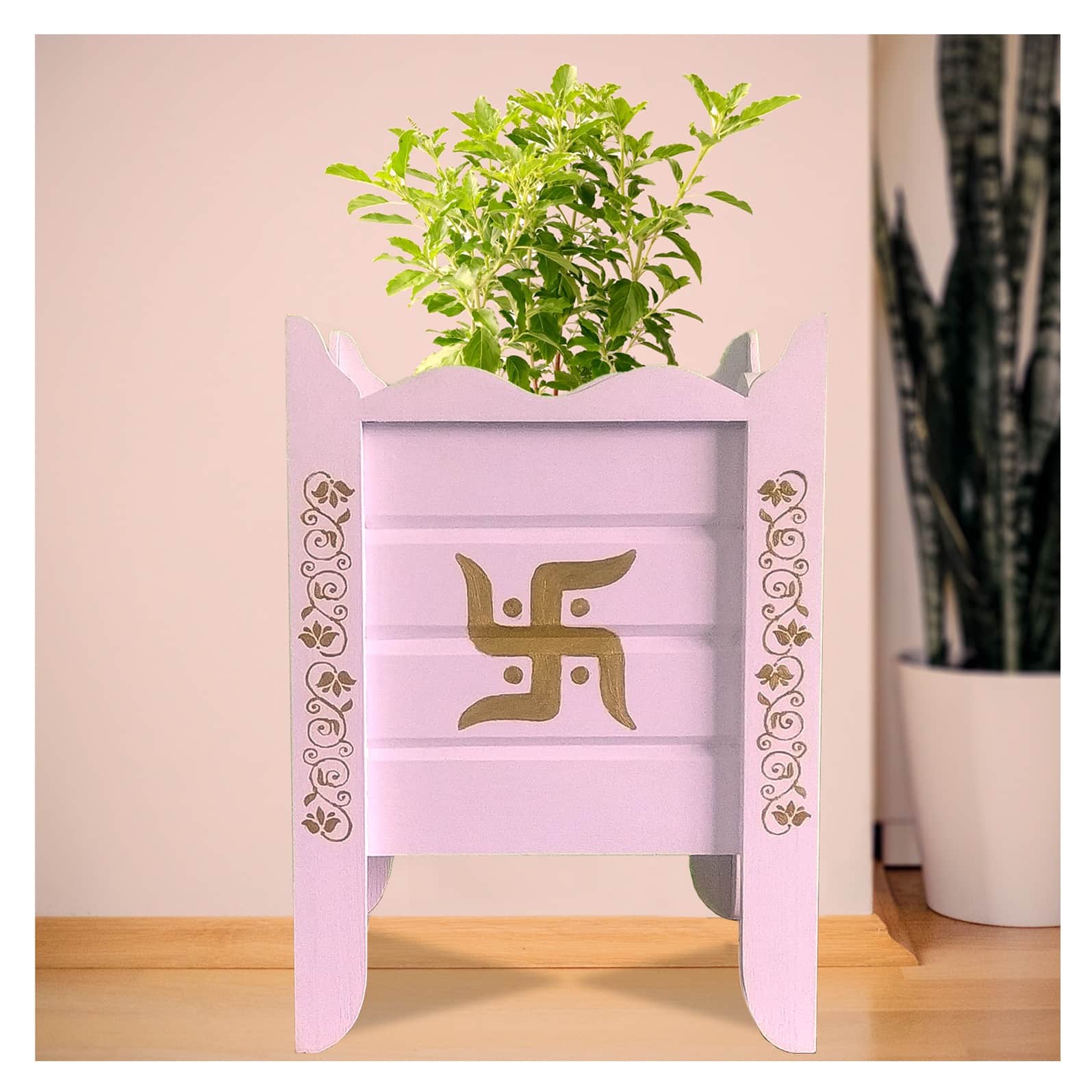 White Wood Polymer Composite Tulsi Planter with Hand painted Golden Art work - front_view