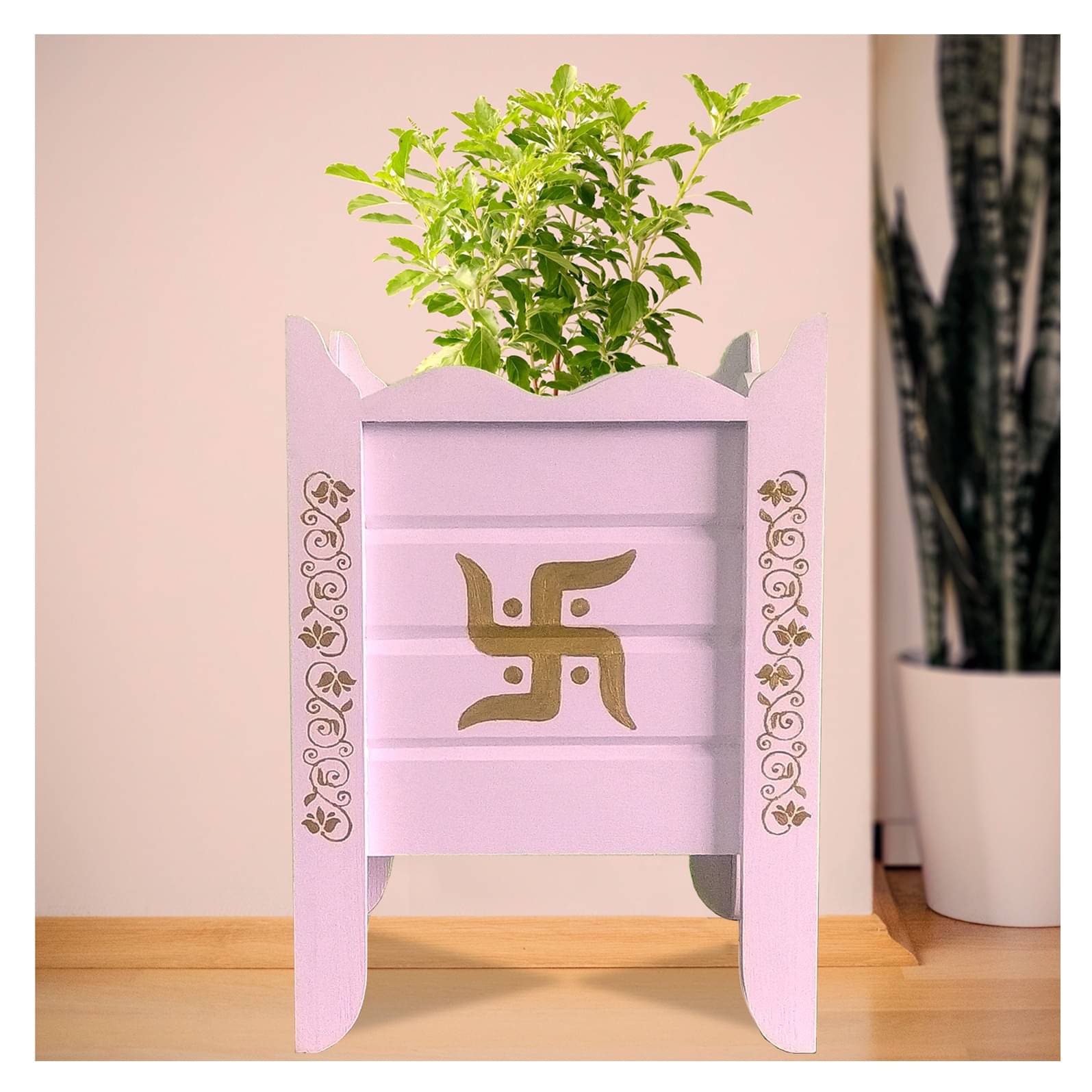 White Wood Polymer Composite Tulsi Planter with Hand painted Golden Art work