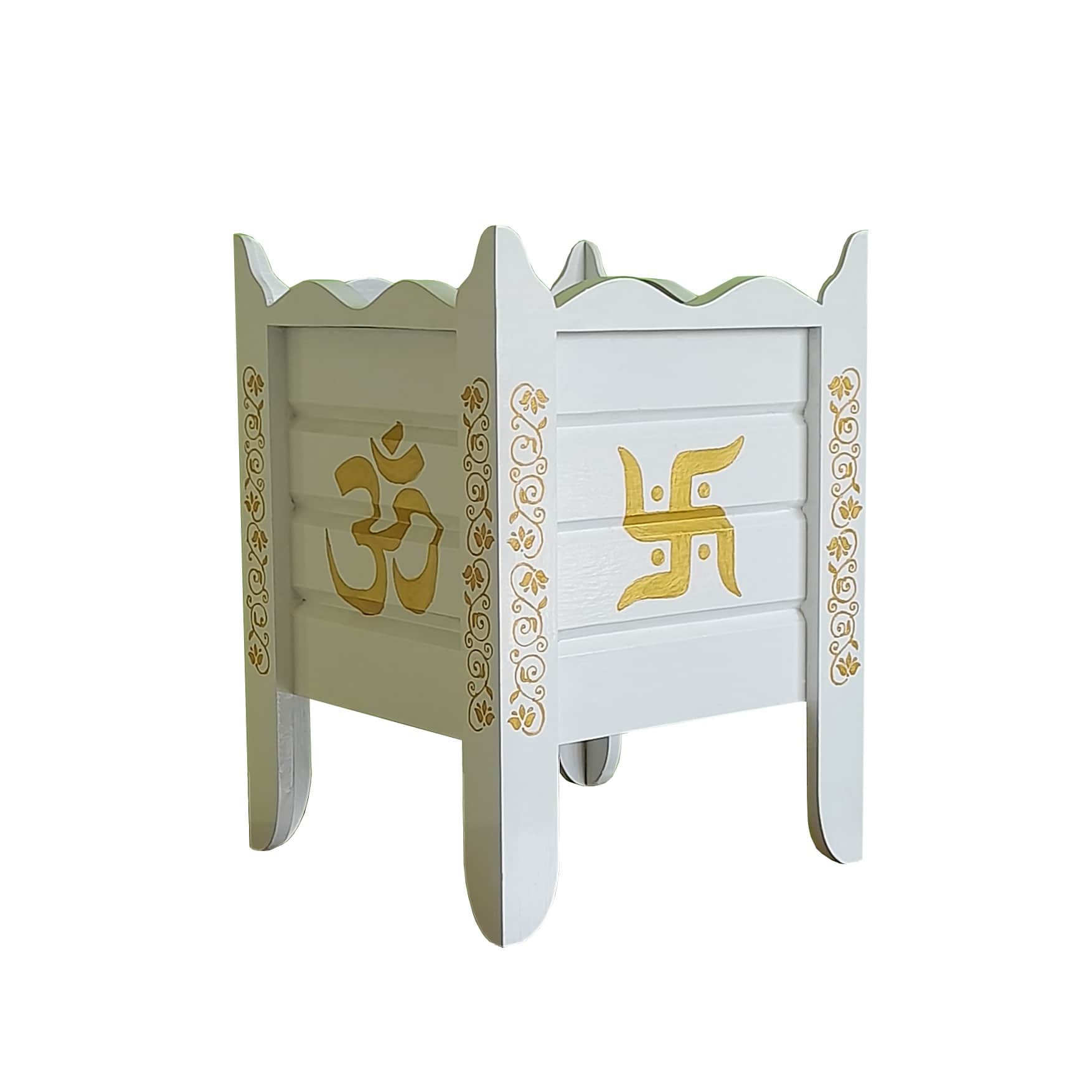 White Wood Polymer Composite Tulsi Planter with Hand painted Golden Art work - top_view
