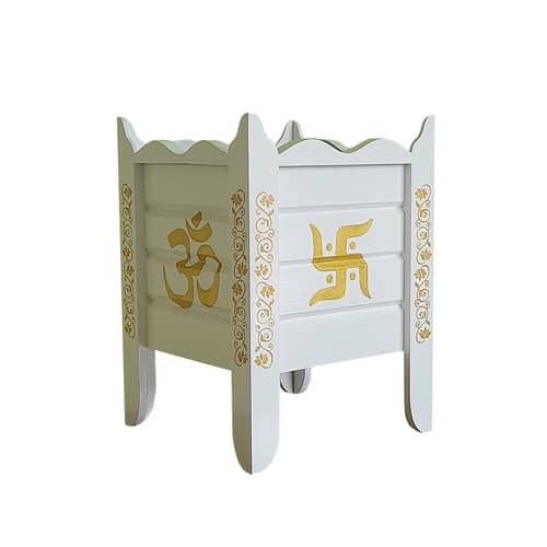 White Wood Polymer Composite Tulsi Planter with Hand painted Golden Art work