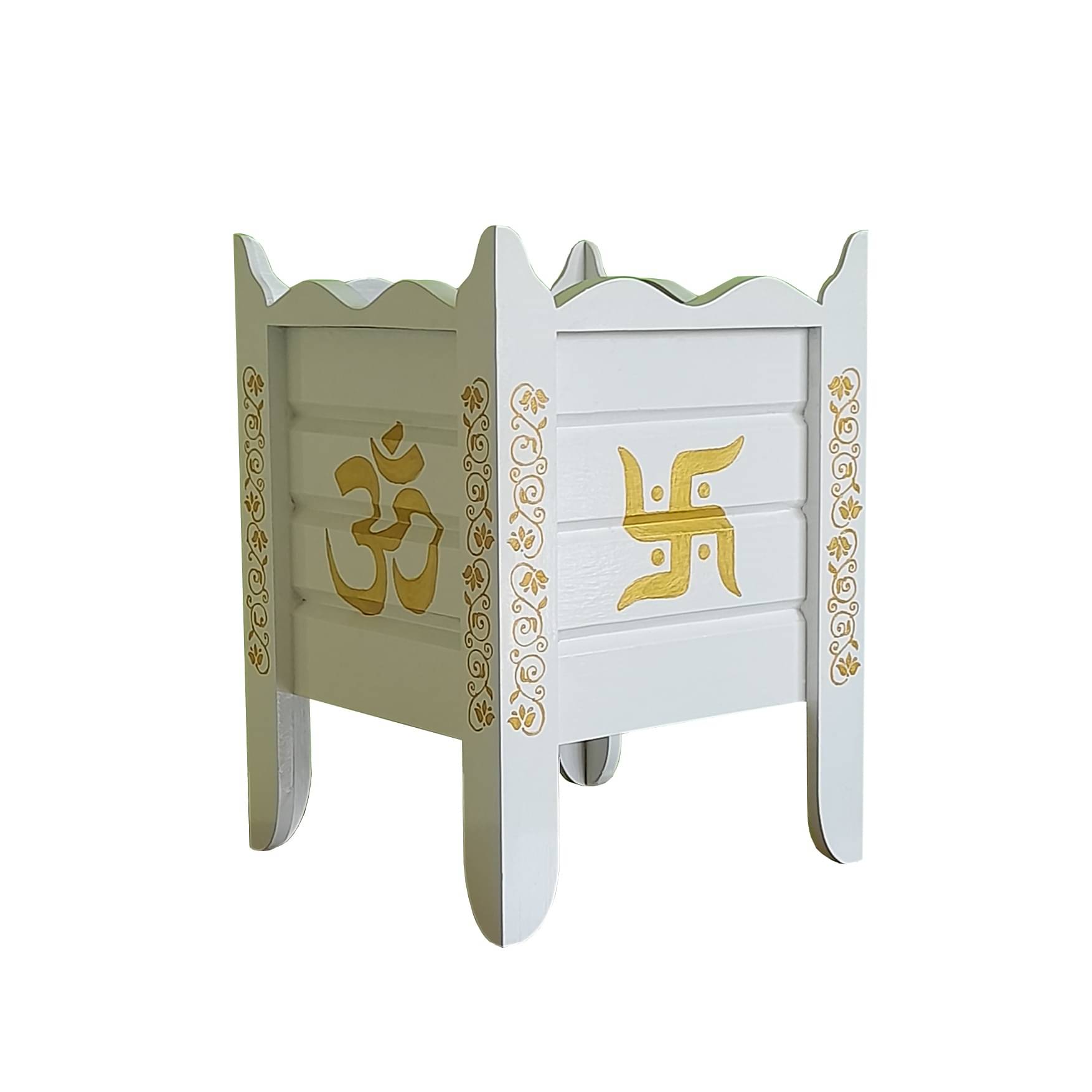 White Wood Polymer Composite Tulsi Planter with Hand painted Golden Art work