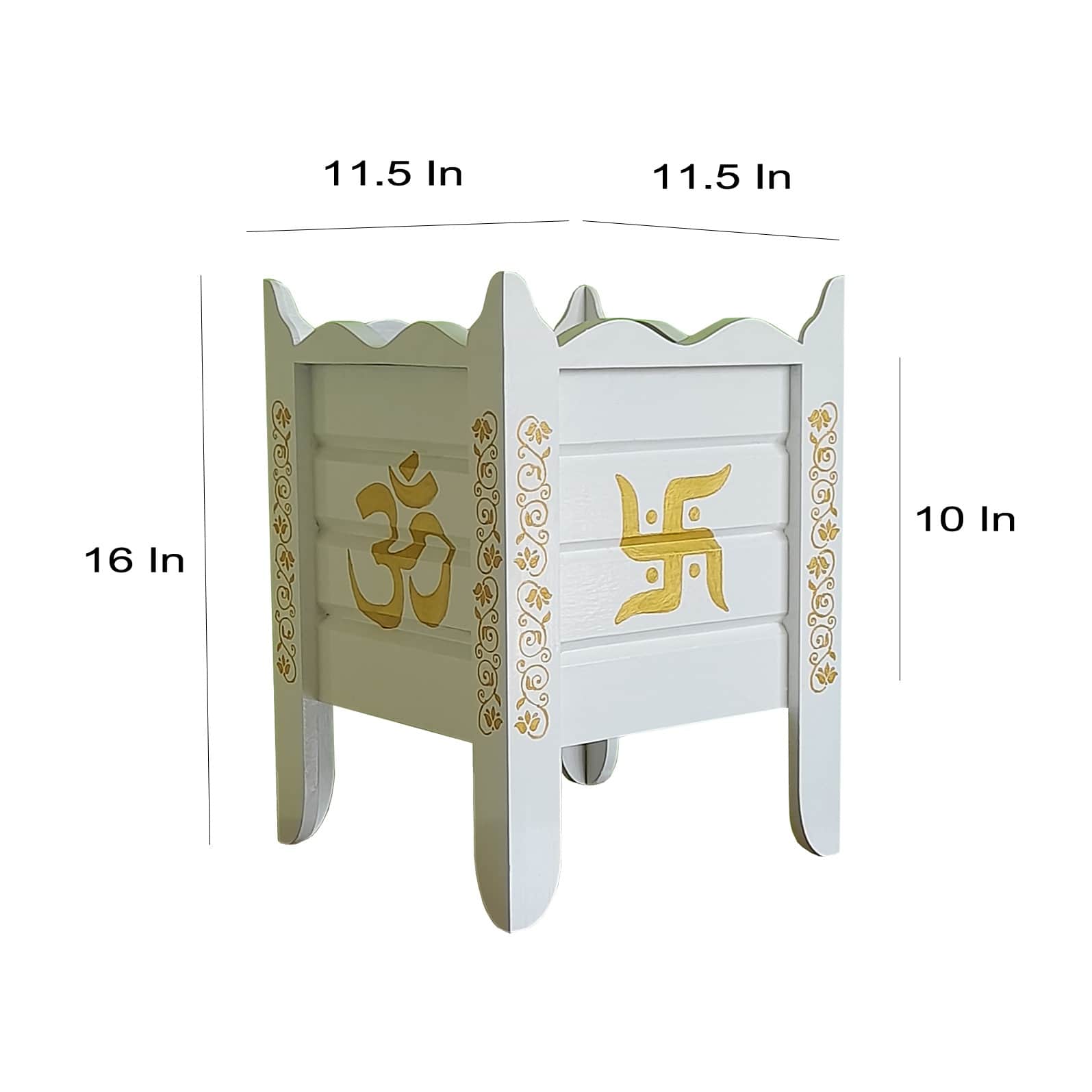 White Wood Polymer Composite Tulsi Planter with Hand painted Golden Art work - rear_view