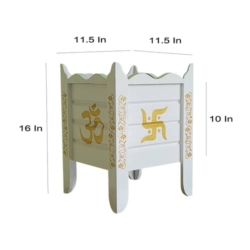 White Wood Polymer Composite Tulsi Planter with Hand painted Golden Art work