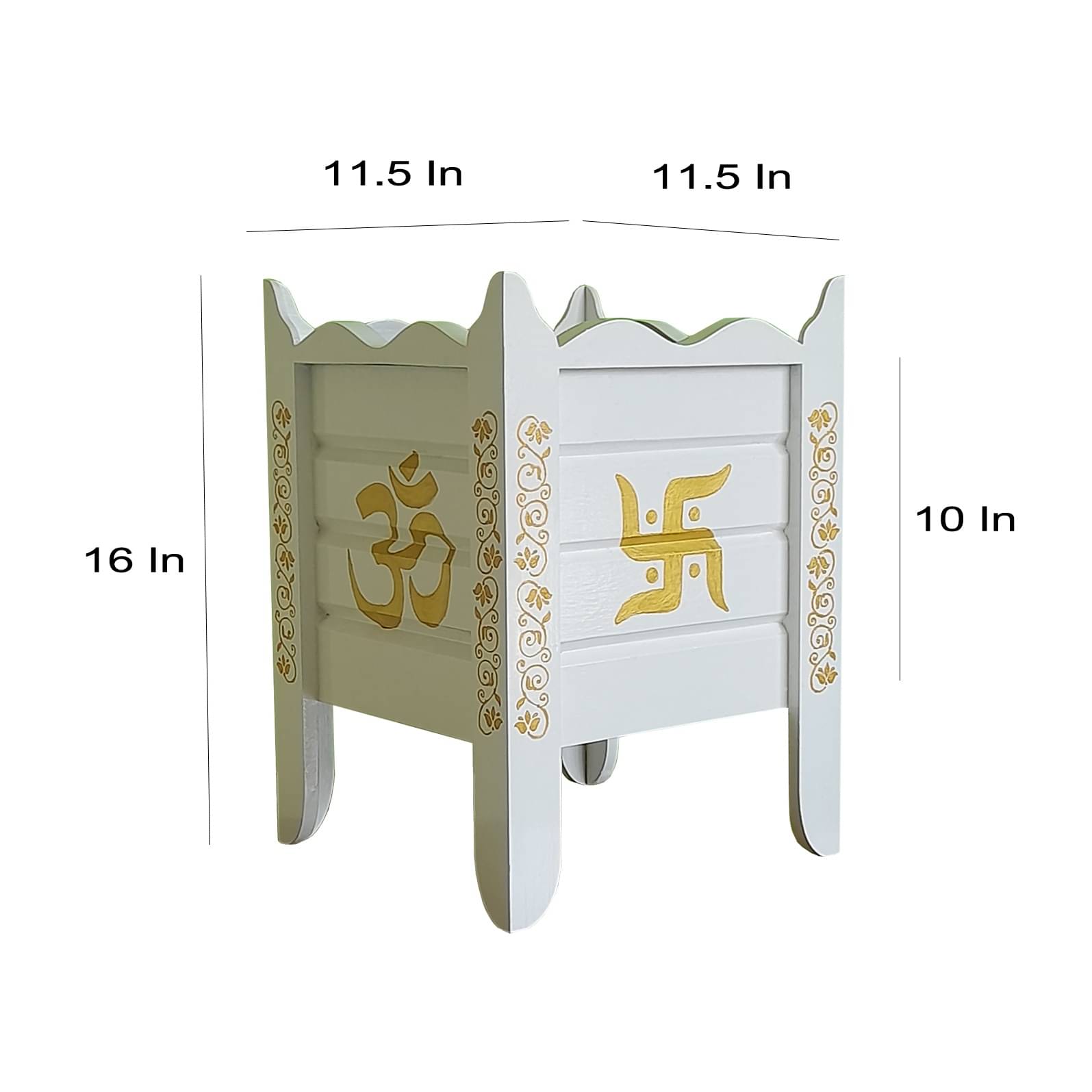 White Wood Polymer Composite Tulsi Planter with Hand painted Golden Art work