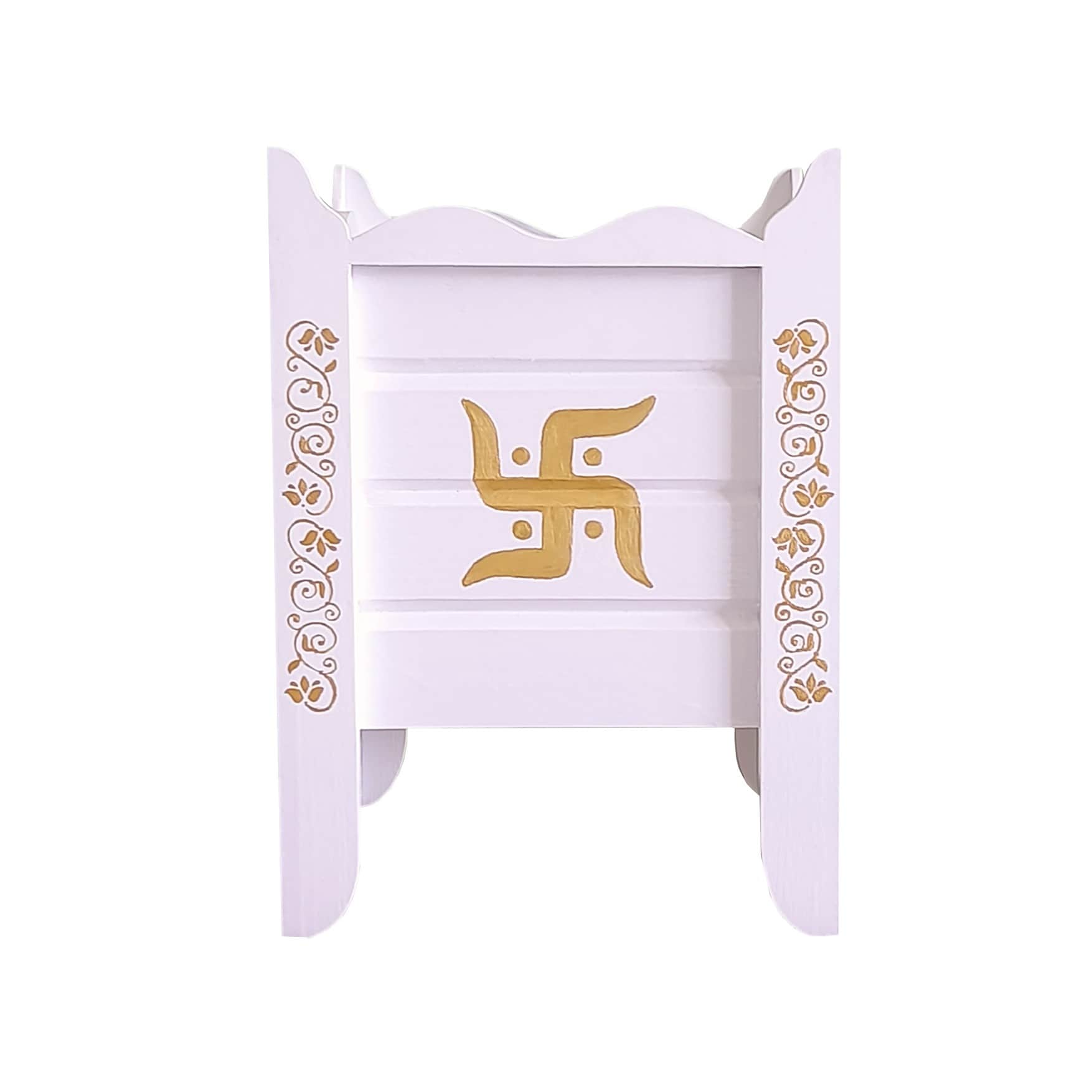 White Wood Polymer Composite Tulsi Planter with Hand painted Golden Art work - left_view