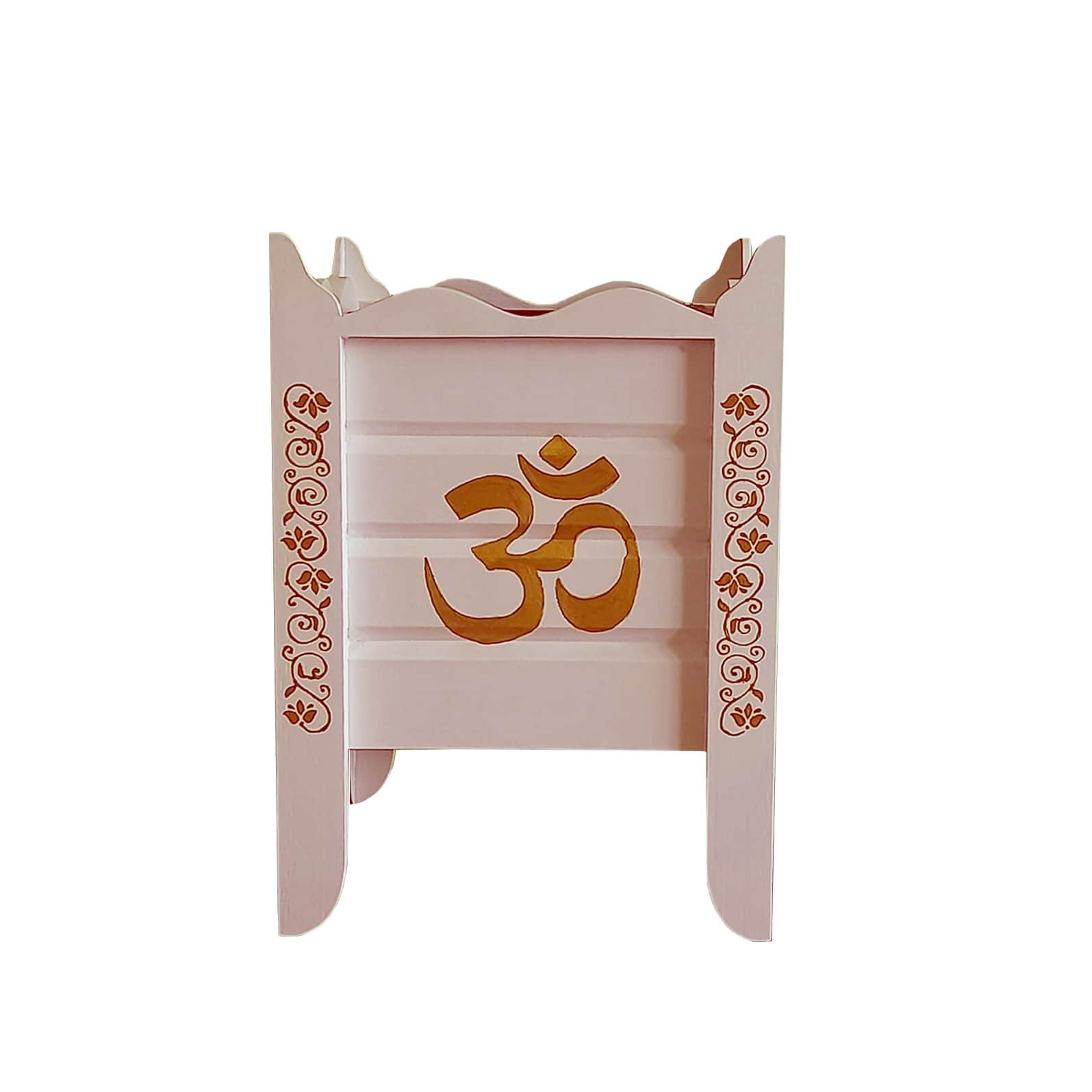 White Wood Polymer Composite Tulsi Planter with Hand painted Golden Art work - right_view