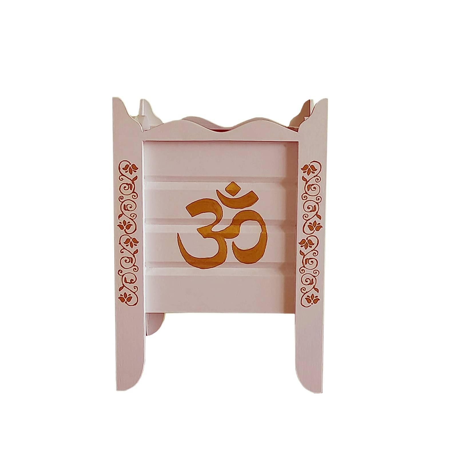 White Wood Polymer Composite Tulsi Planter with Hand painted Golden Art work