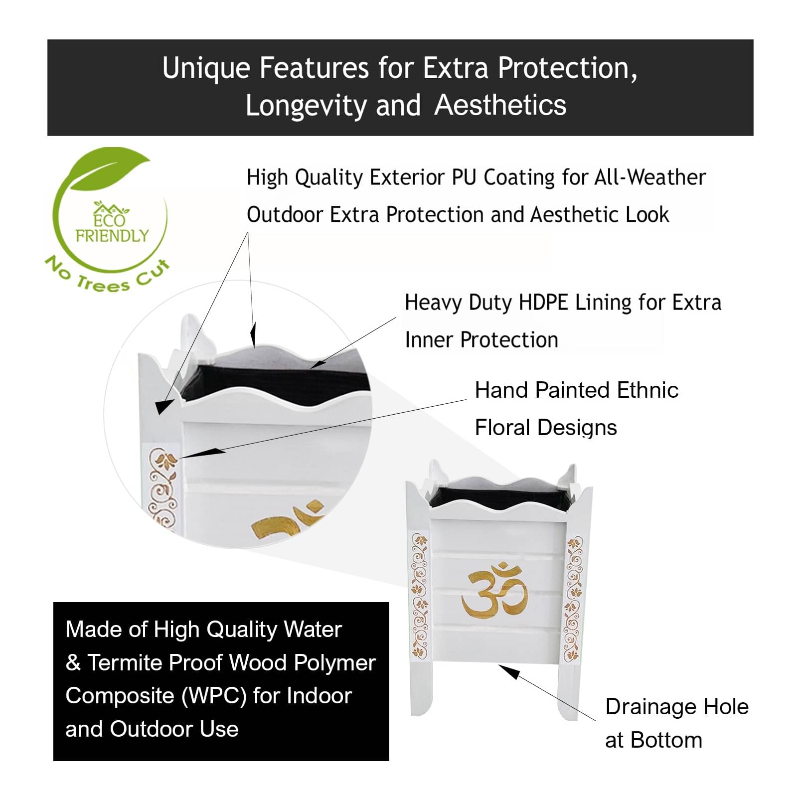 White Wood Polymer Composite Tulsi Planter with Hand painted Golden Art work