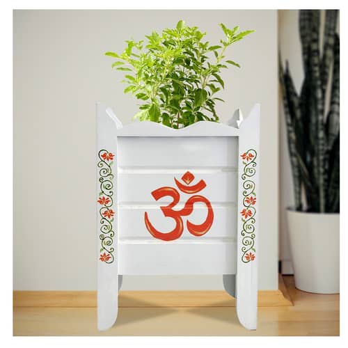 White Wood Polymer Composite Tulsi Planter with Hand painted Orange & Green Floral Art work