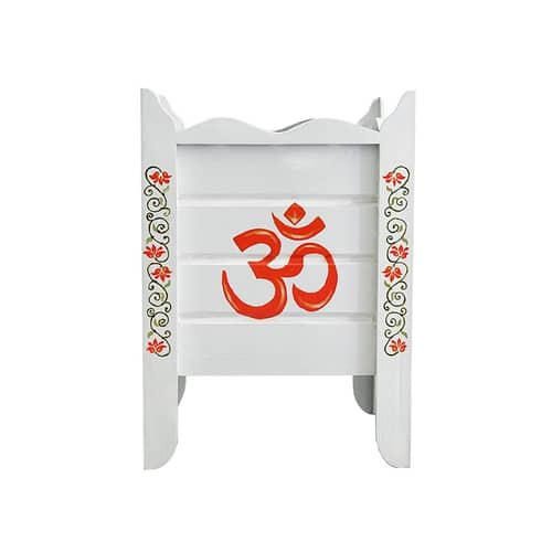 White Wood Polymer Composite Tulsi Planter with Hand painted Orange & Green Floral Art work