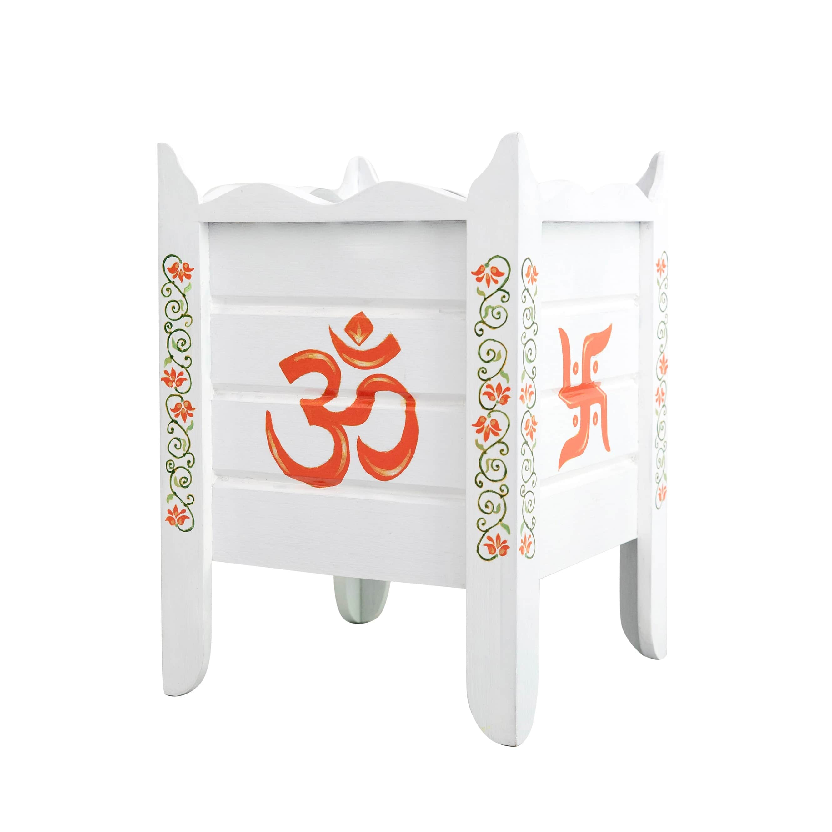 White Wood Polymer Composite Tulsi Planter with Hand painted Orange & Green Floral Art work - top_view