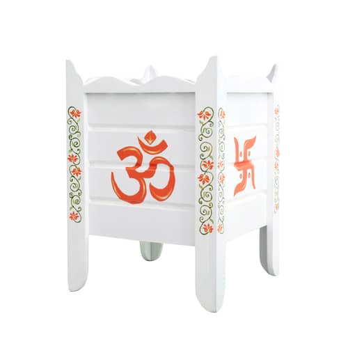 White Wood Polymer Composite Tulsi Planter with Hand painted Orange & Green Floral Art work