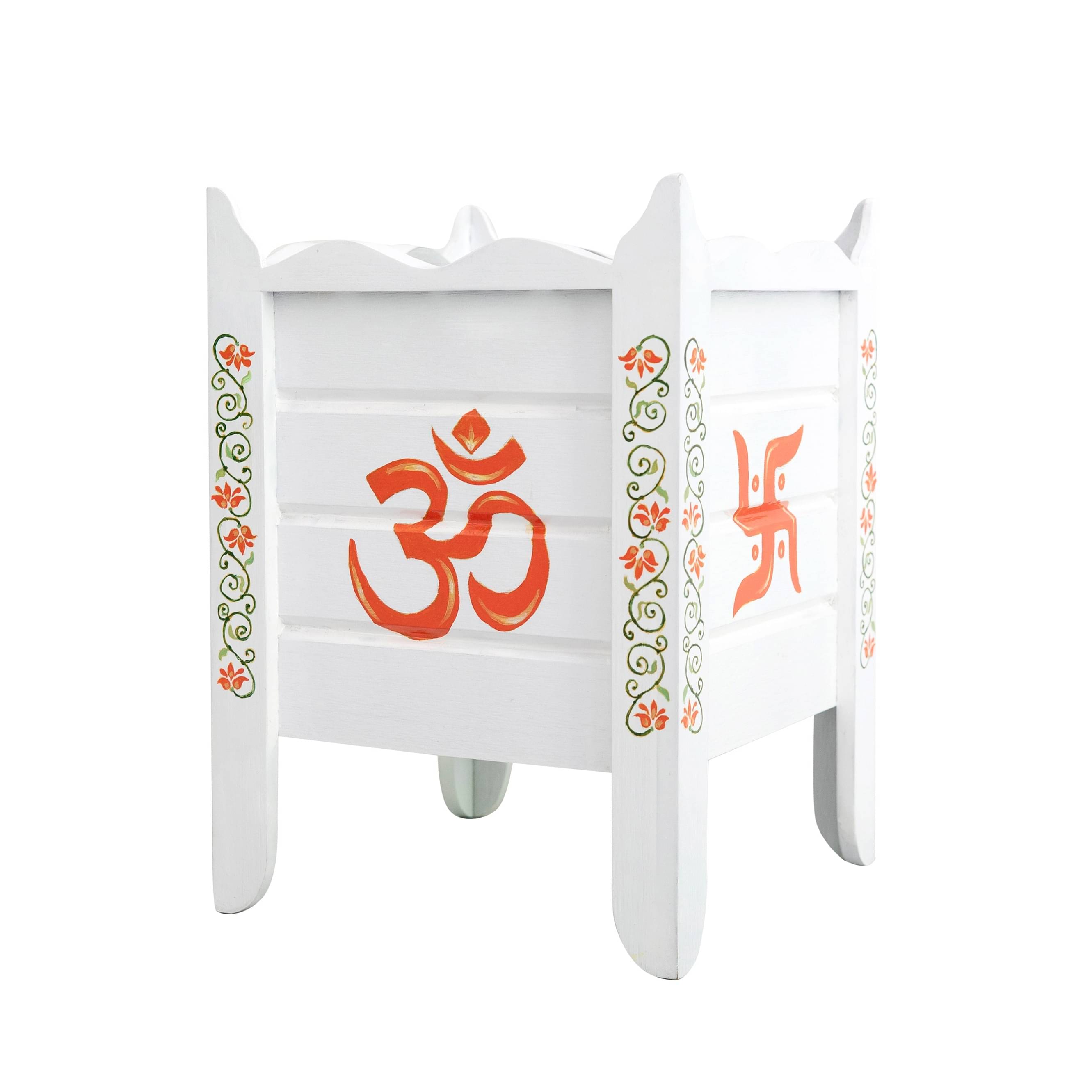 White Wood Polymer Composite Tulsi Planter with Hand painted Orange & Green Floral Art work