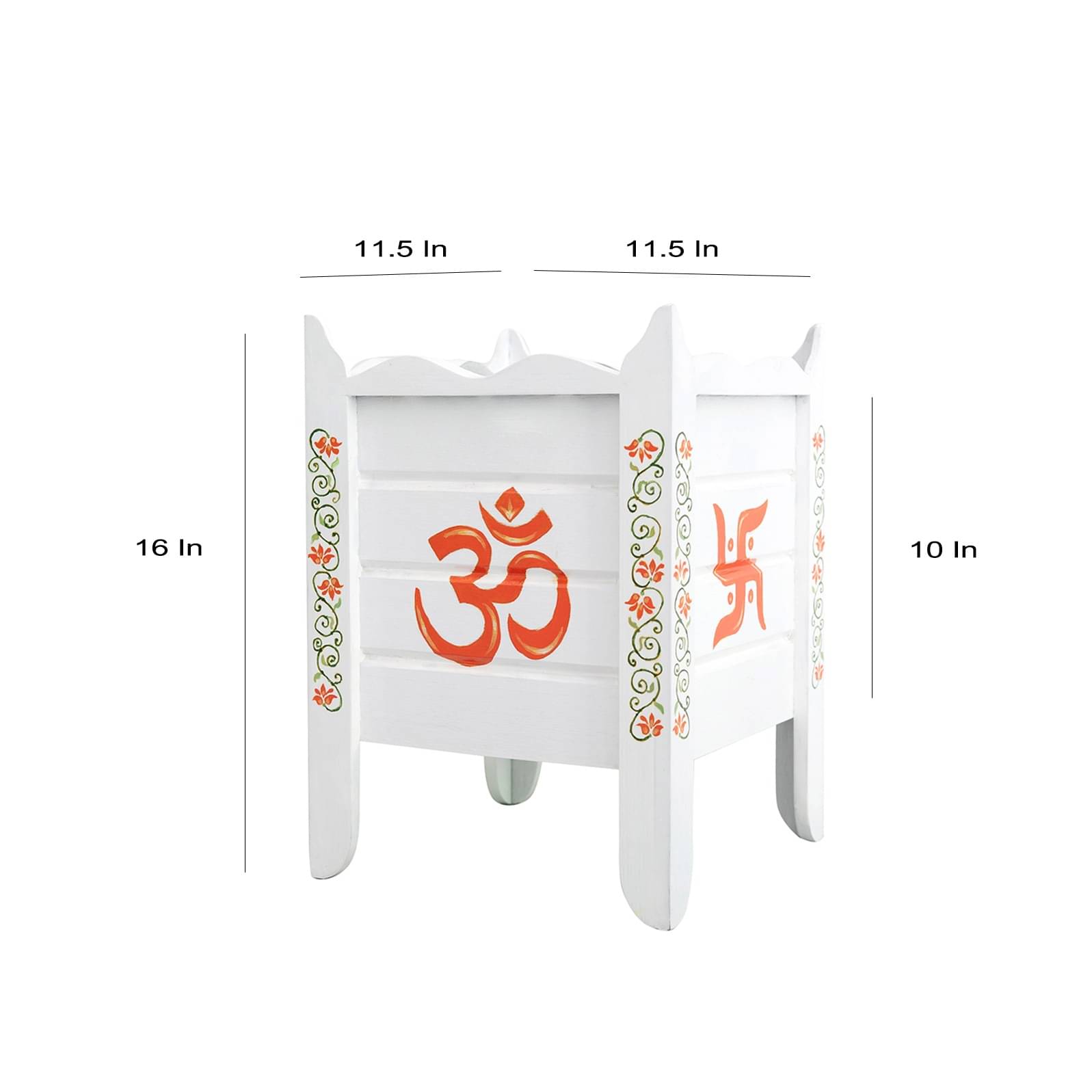 White Wood Polymer Composite Tulsi Planter with Hand painted Orange & Green Floral Art work