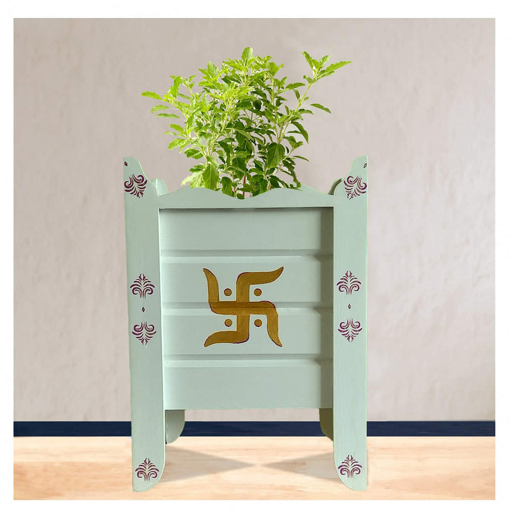 White Wood Polymer Composite Tulsi Planter with Hand painted Pink & Gold  Art work - photo