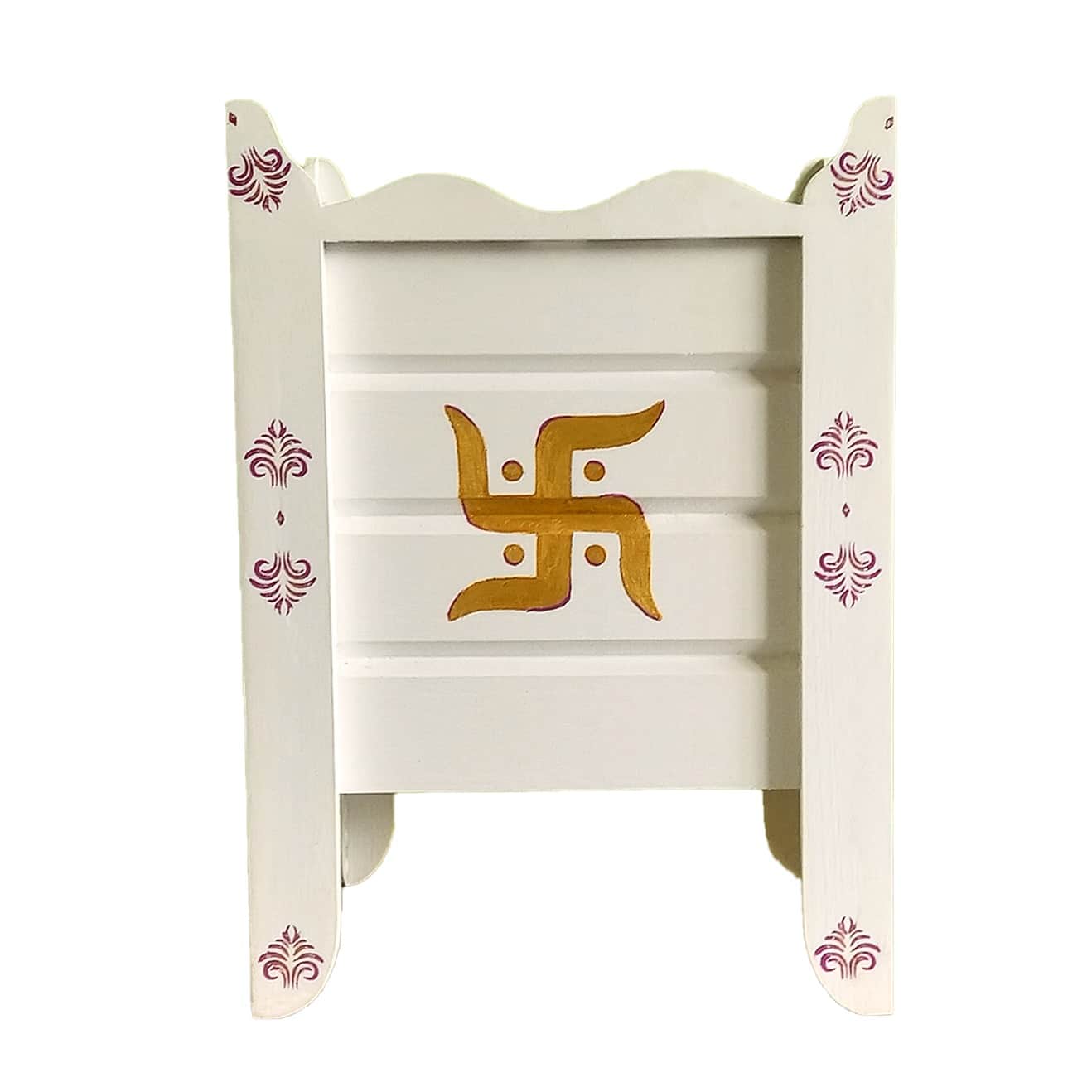 White Wood Polymer Composite Tulsi Planter with Hand painted Pink & Gold  Art work - front_view