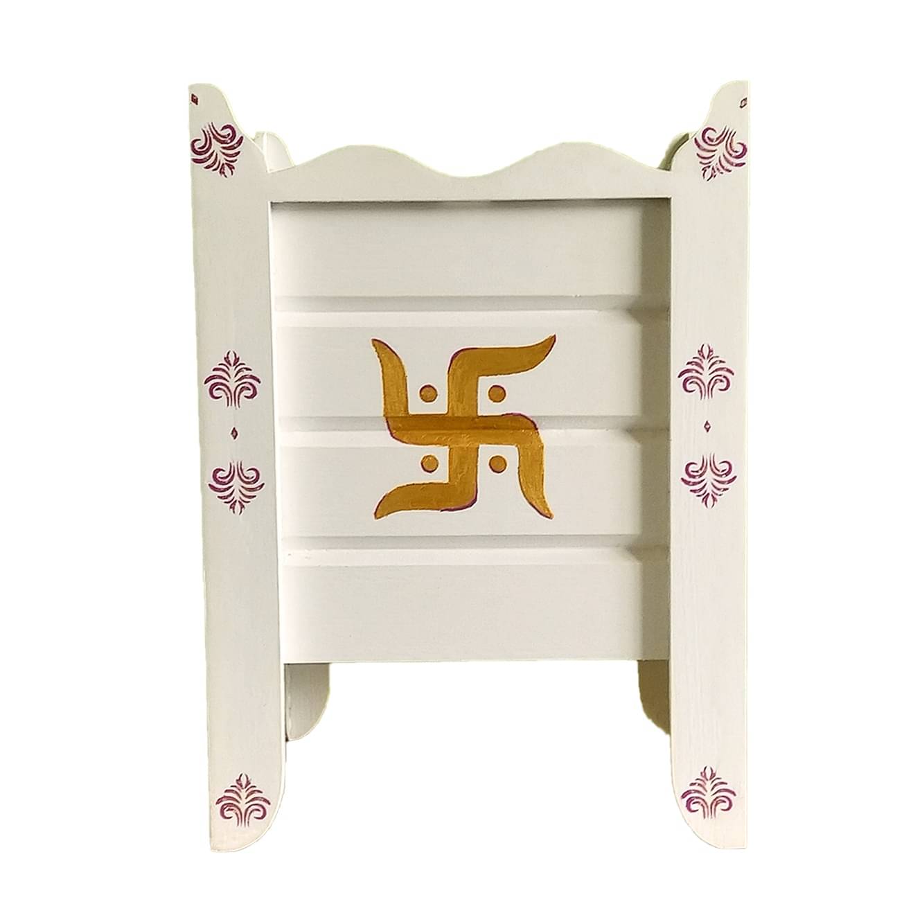 White Wood Polymer Composite Tulsi Planter with Hand painted Pink & Gold  Art work