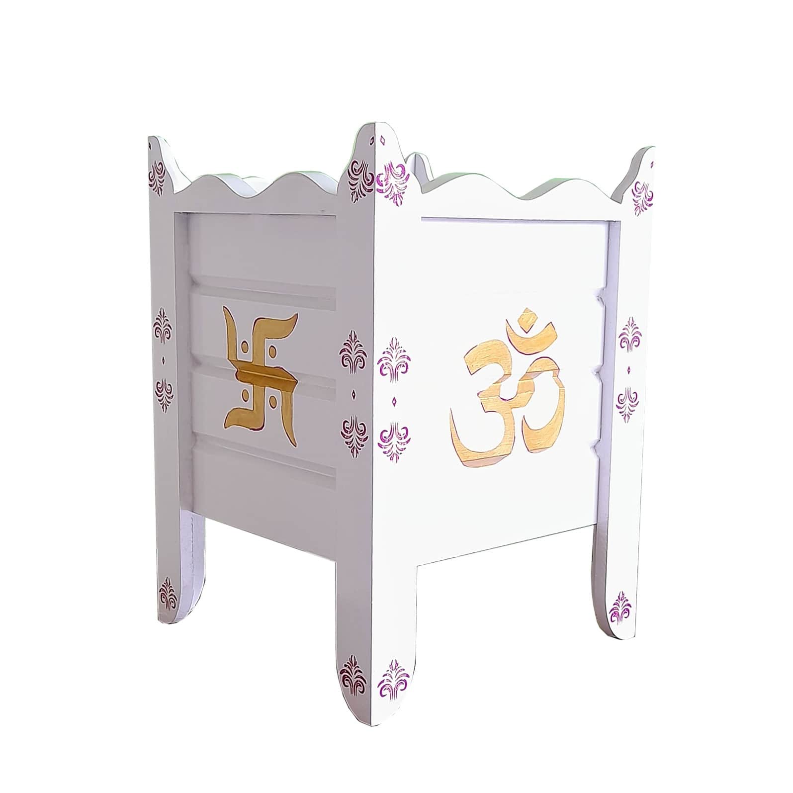 White Wood Polymer Composite Tulsi Planter with Hand painted Pink & Gold  Art work - top_view