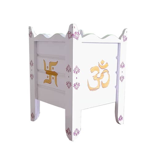 White Wood Polymer Composite Tulsi Planter with Hand painted Pink & Gold  Art work
