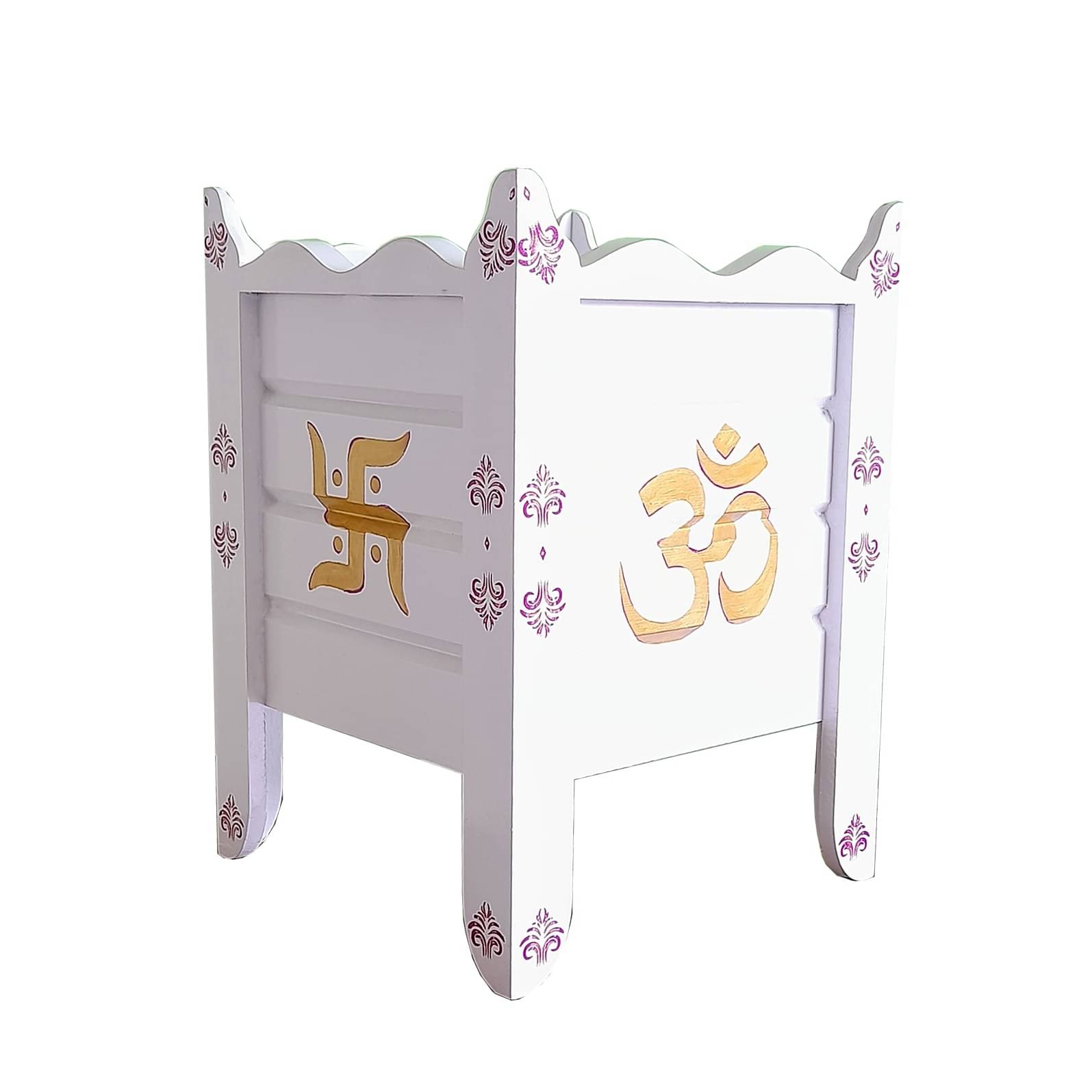 White Wood Polymer Composite Tulsi Planter with Hand painted Pink & Gold  Art work