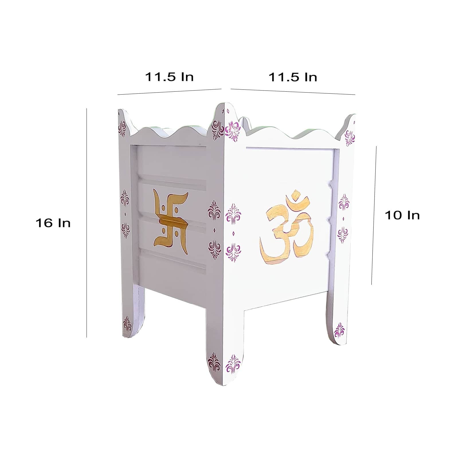White Wood Polymer Composite Tulsi Planter with Hand painted Pink & Gold  Art work - rear_view