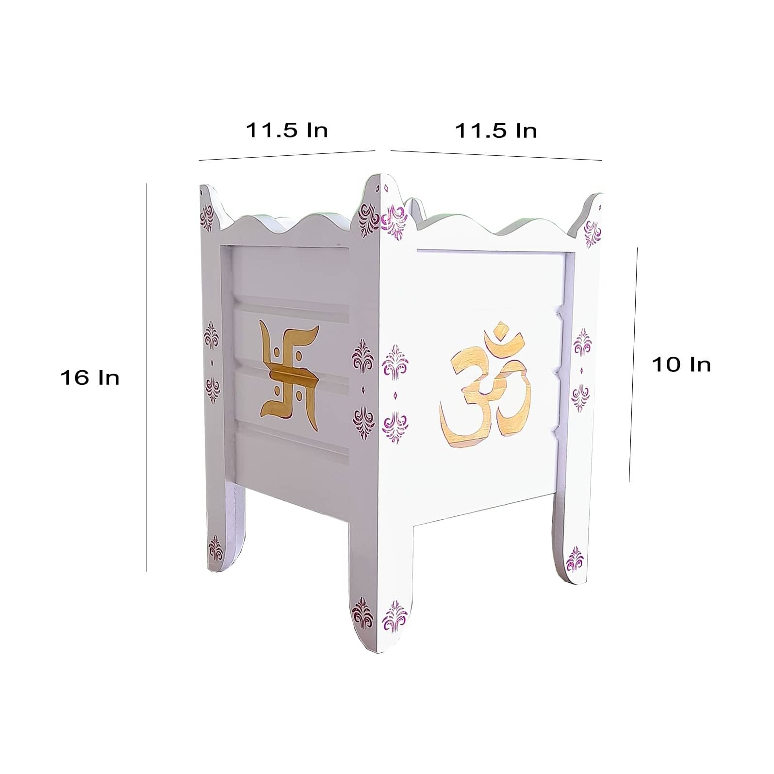 White Wood Polymer Composite Tulsi Planter with Hand painted Pink & Gold  Art work