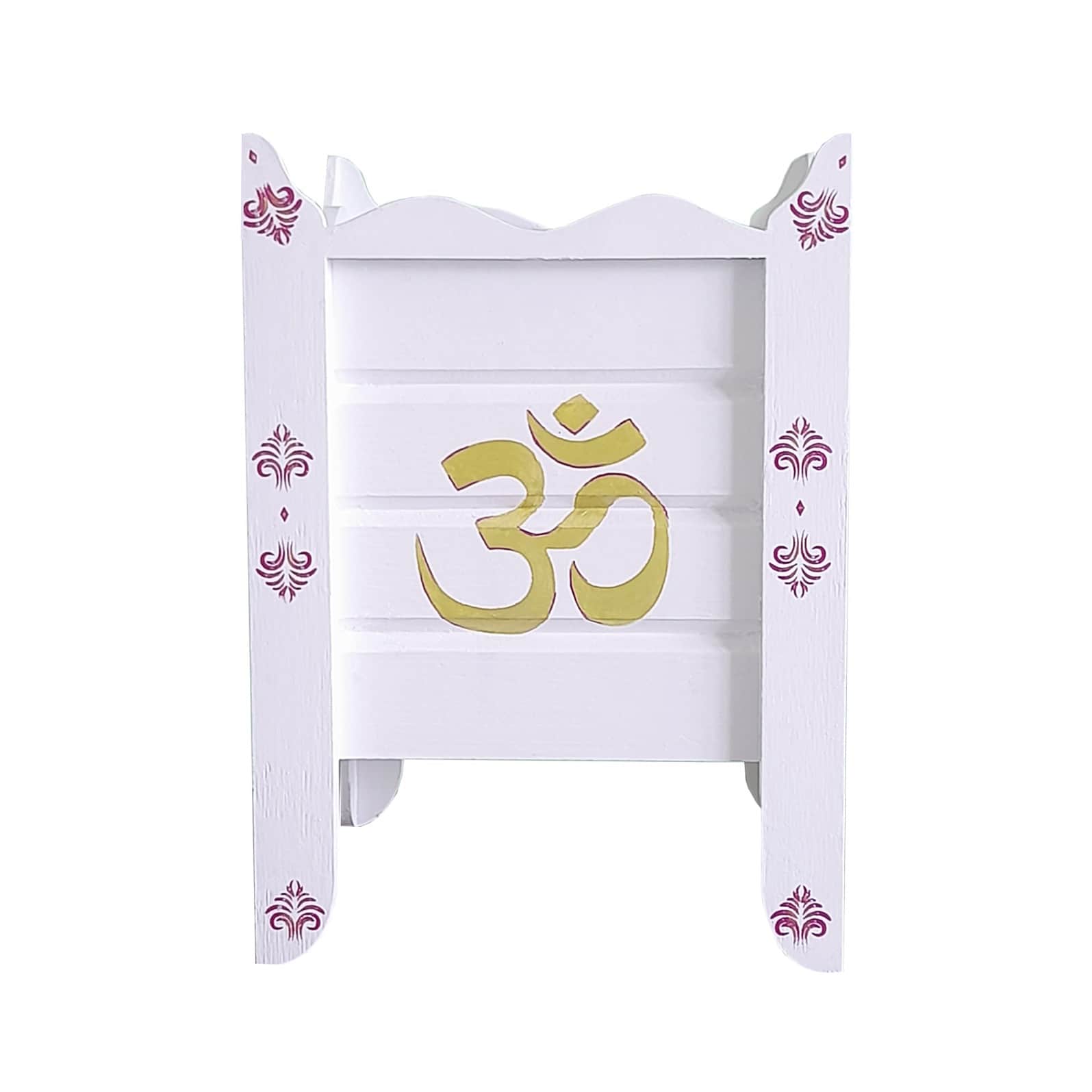 White Wood Polymer Composite Tulsi Planter with Hand painted Pink & Gold  Art work - left_view