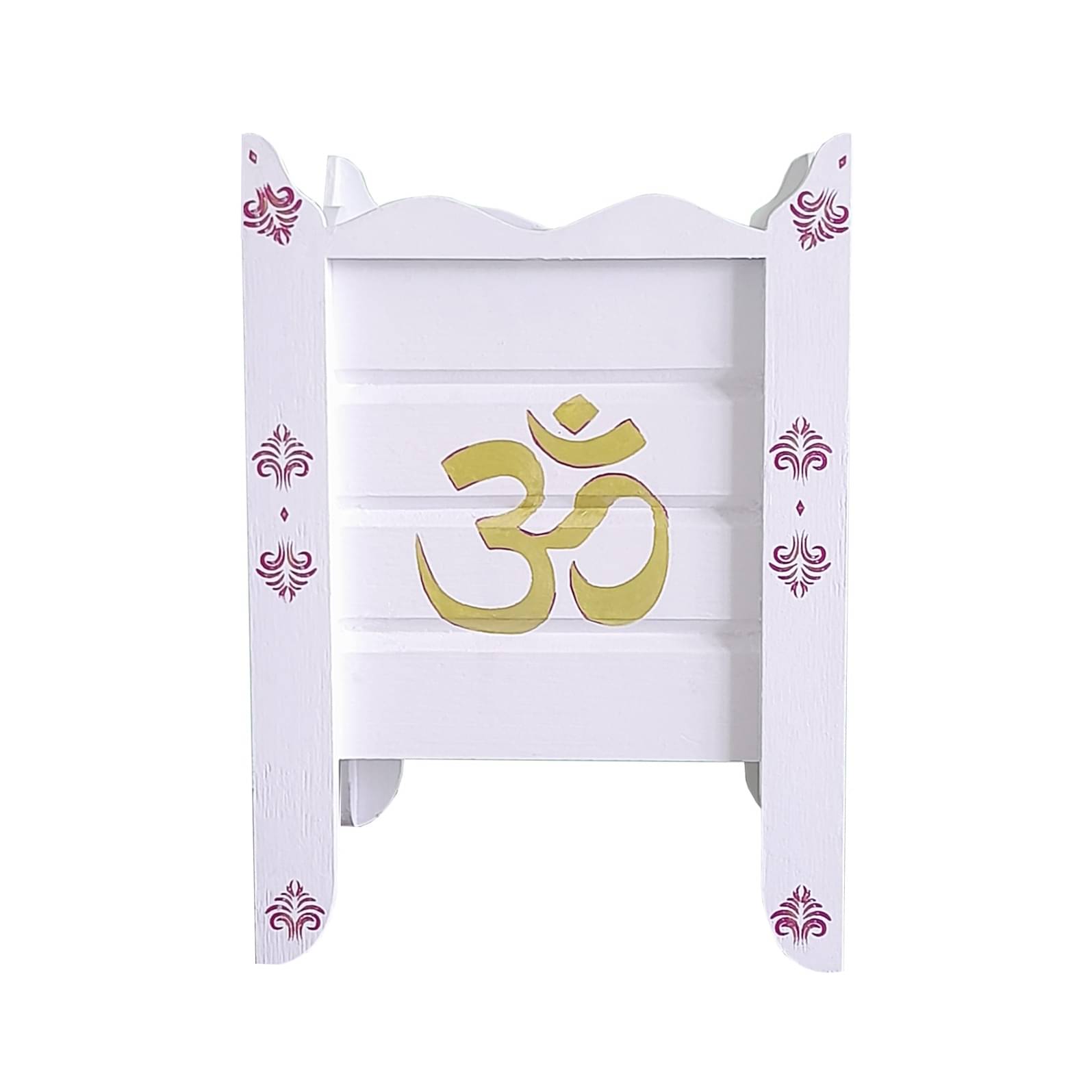 White Wood Polymer Composite Tulsi Planter with Hand painted Pink & Gold  Art work