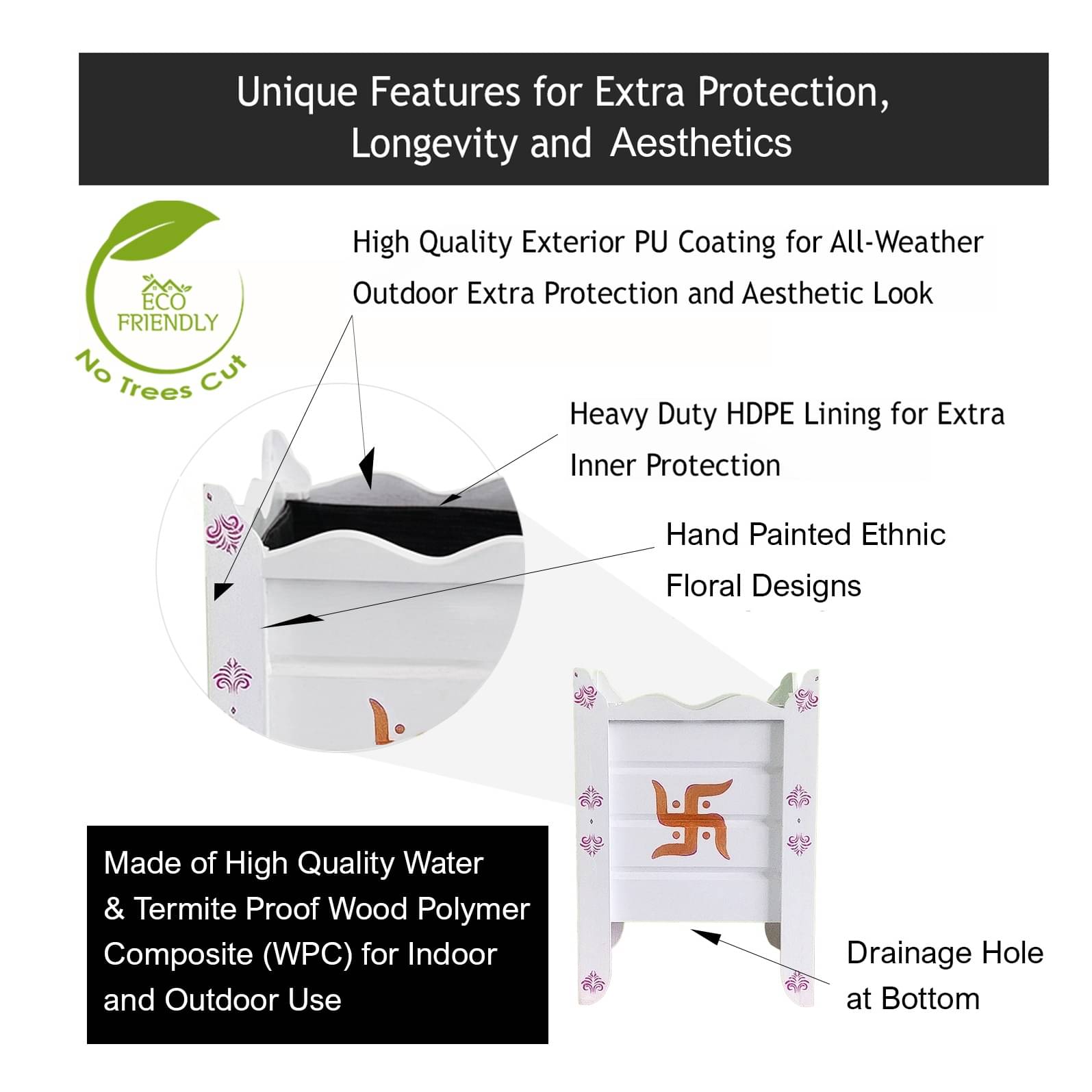 White Wood Polymer Composite Tulsi Planter with Hand painted Pink & Gold  Art work