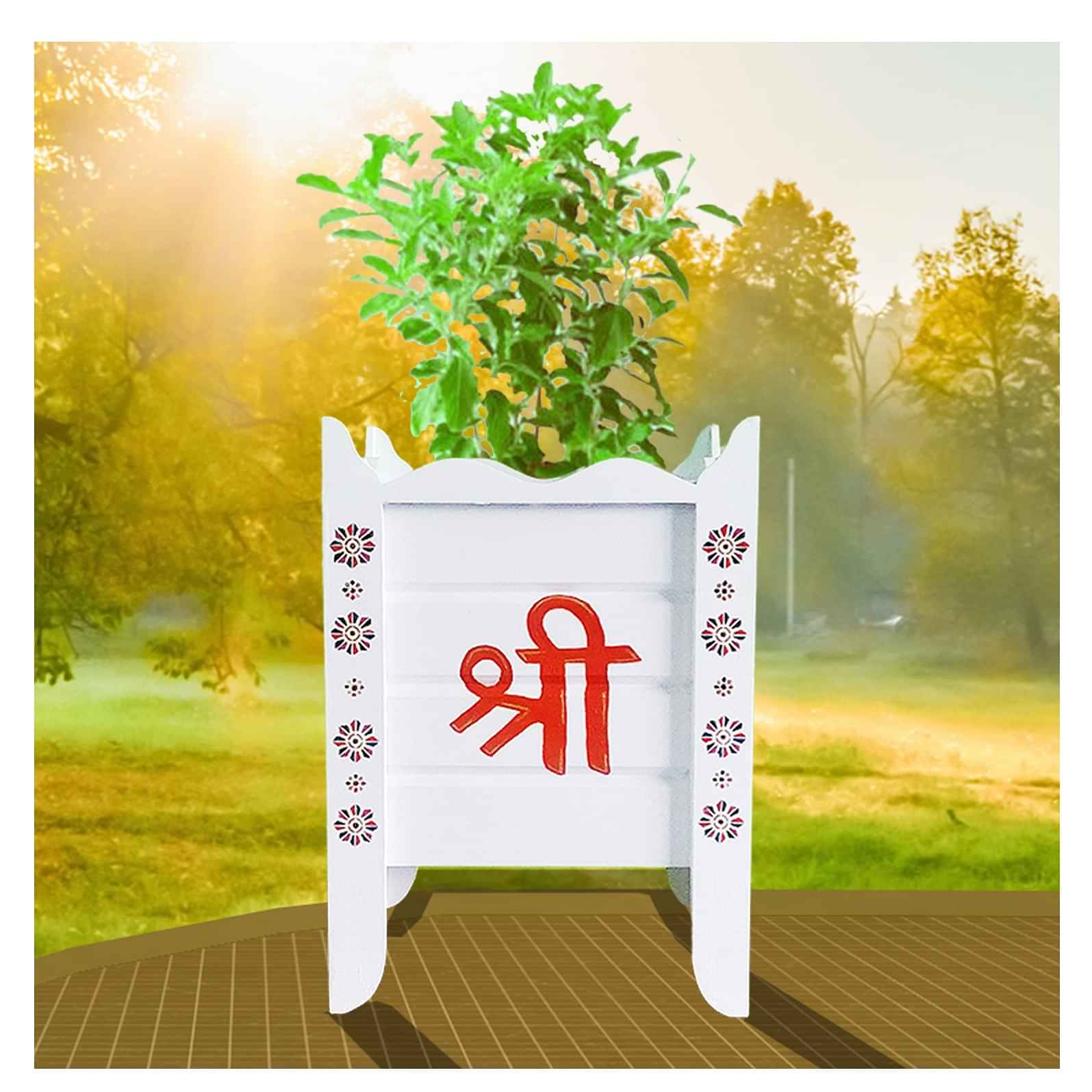 White Wood Polymer Composite Tulsi Planter with Hand Painted Multicolor Pattern Art work - photo