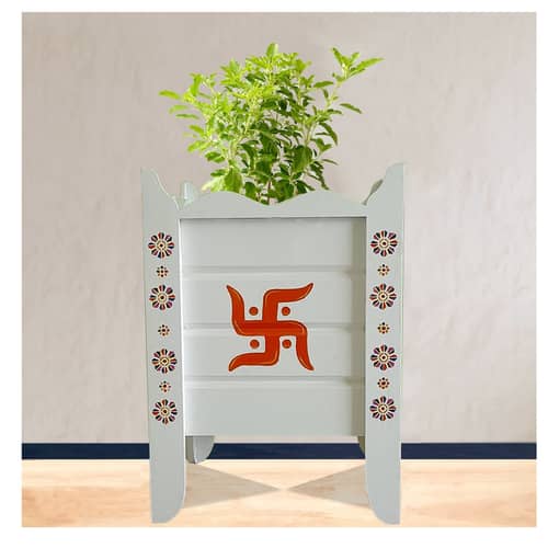 White Wood Polymer Composite Tulsi Planter with Hand Painted Multicolor Pattern Art work