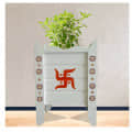 White Wood Polymer Composite Tulsi Planter with Hand Painted Multicolor Pattern Art work - front_view