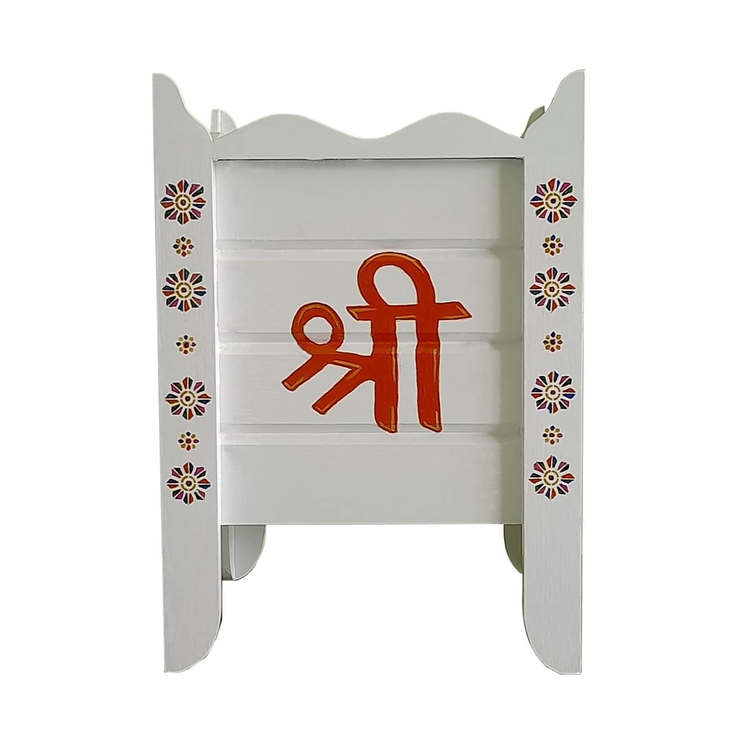 White Wood Polymer Composite Tulsi Planter with Hand Painted Multicolor Pattern Art work - top_view