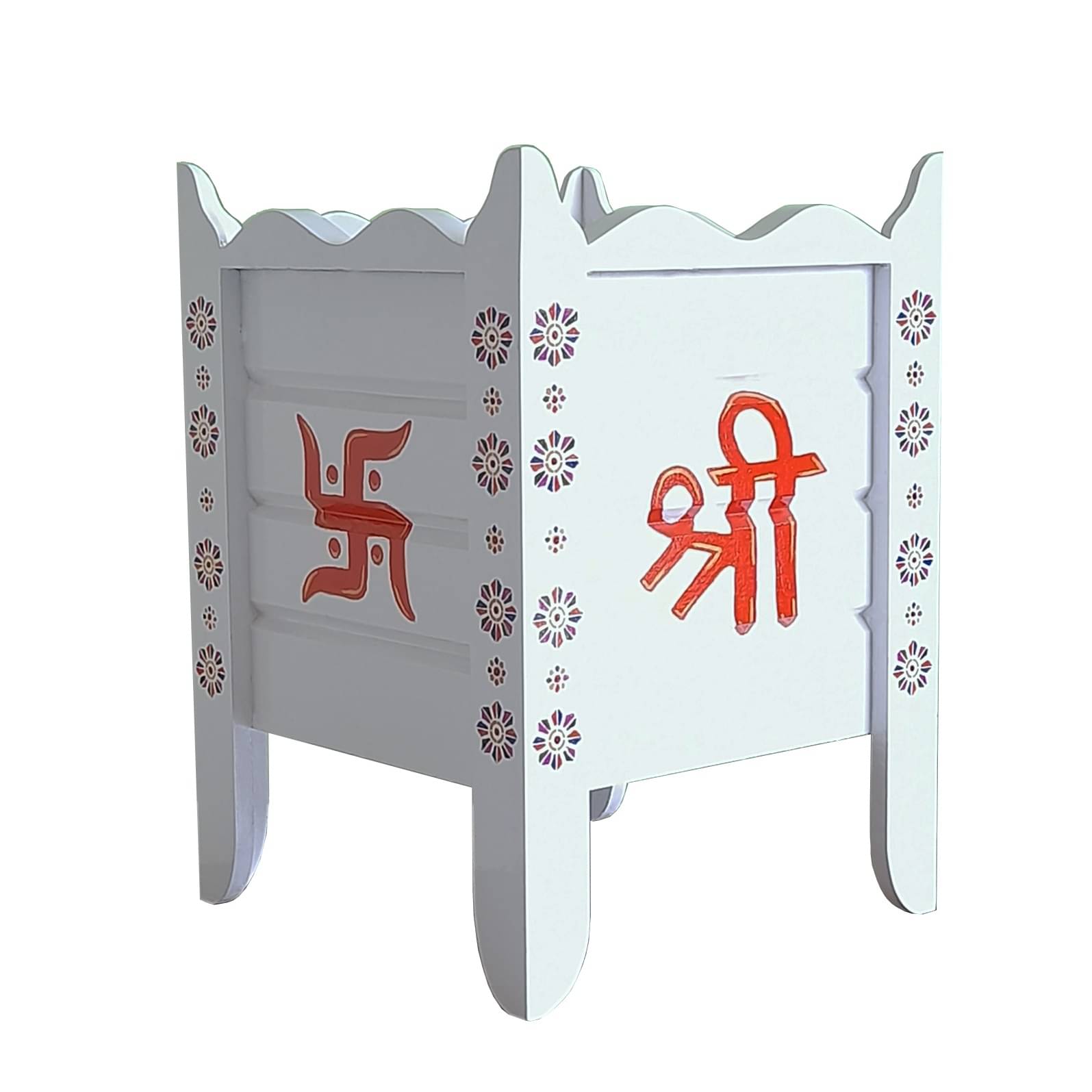 White Wood Polymer Composite Tulsi Planter with Hand Painted Multicolor Pattern Art work