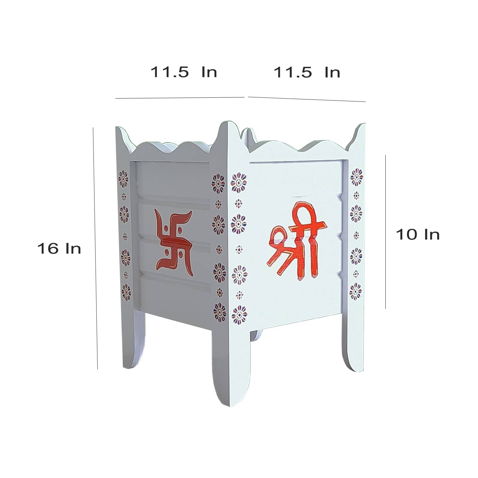 White Wood Polymer Composite Tulsi Planter with Hand Painted Multicolor Pattern Art work