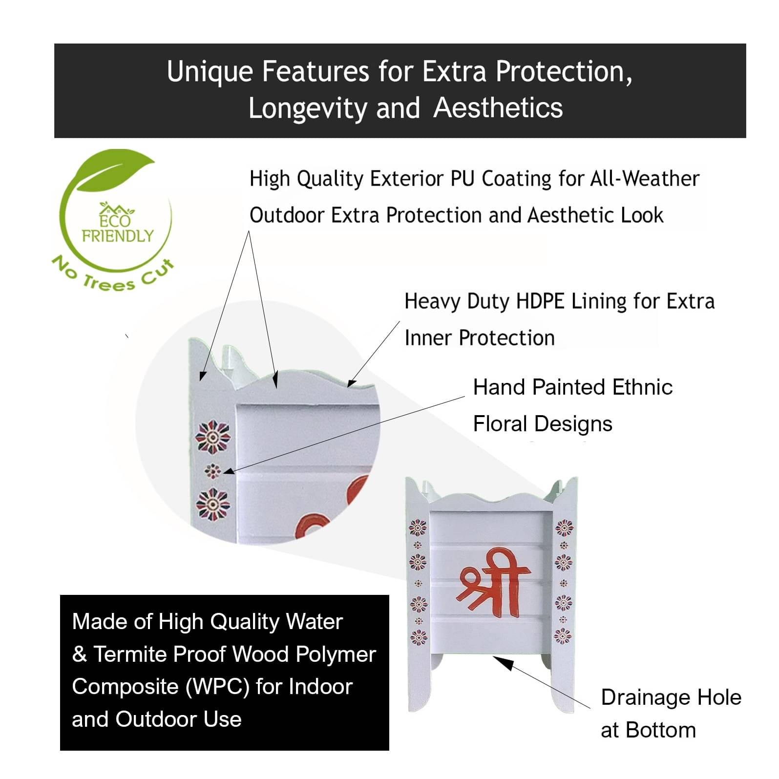 White Wood Polymer Composite Tulsi Planter with Hand Painted Multicolor Pattern Art work