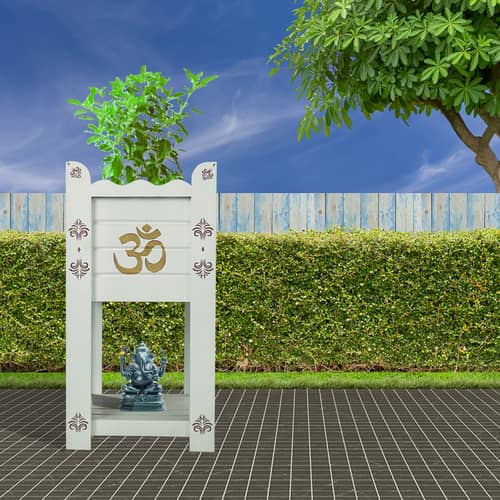White Elevated Wood Polymer Composite Tulsi Planter With Hand Painted Pink & Gold  Art work