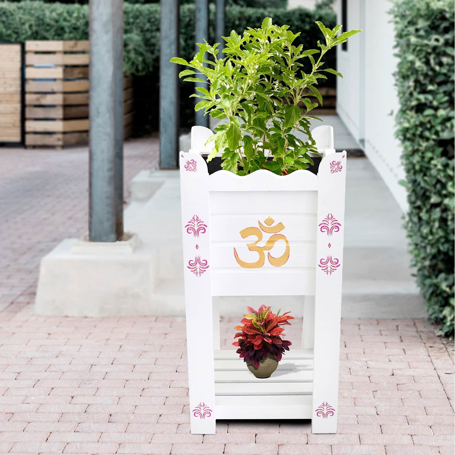 White Elevated Wood Polymer Composite Tulsi Planter With Hand Painted Pink & Gold  Art work - front_view