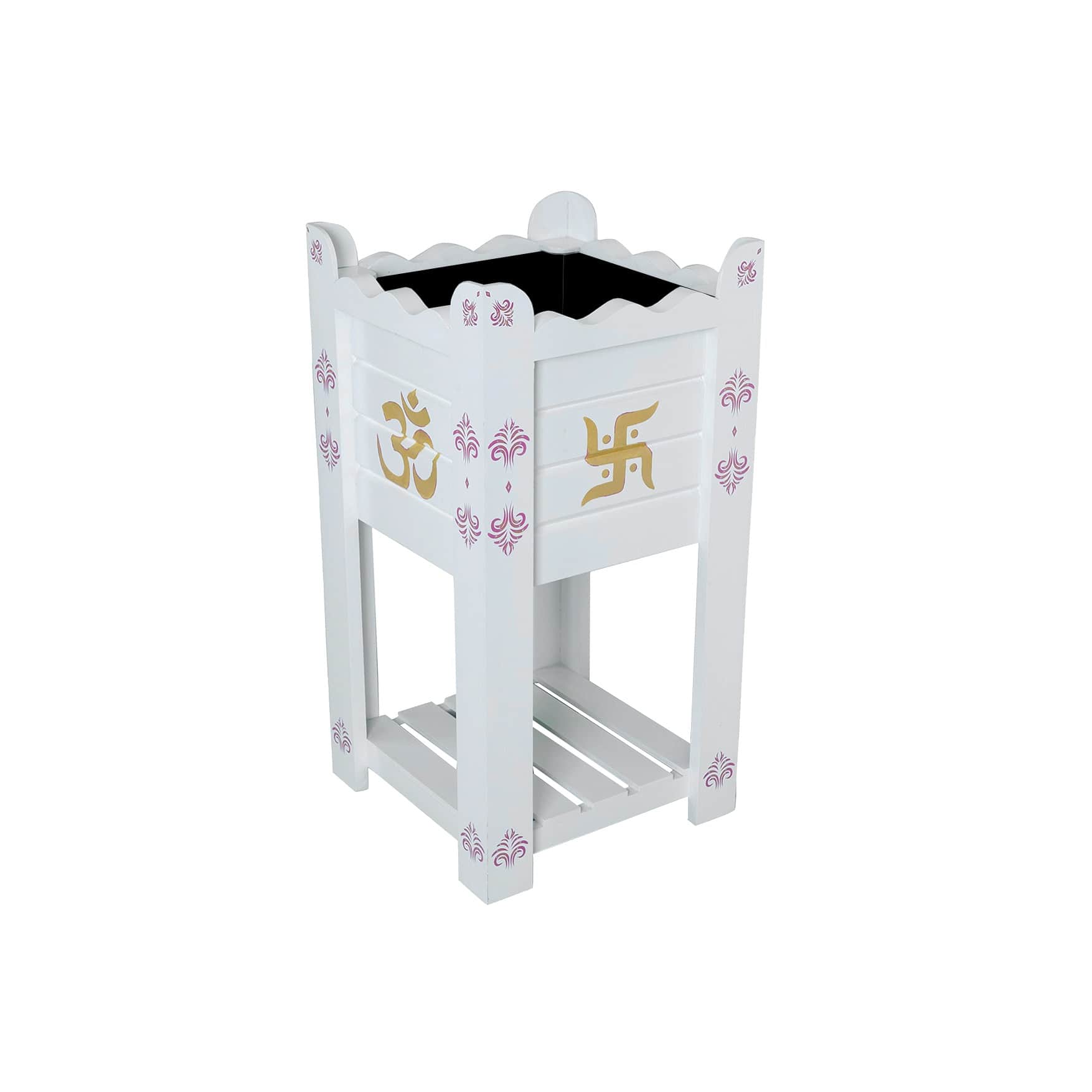 White Elevated Wood Polymer Composite Tulsi Planter With Hand Painted Pink & Gold  Art work - rear_view