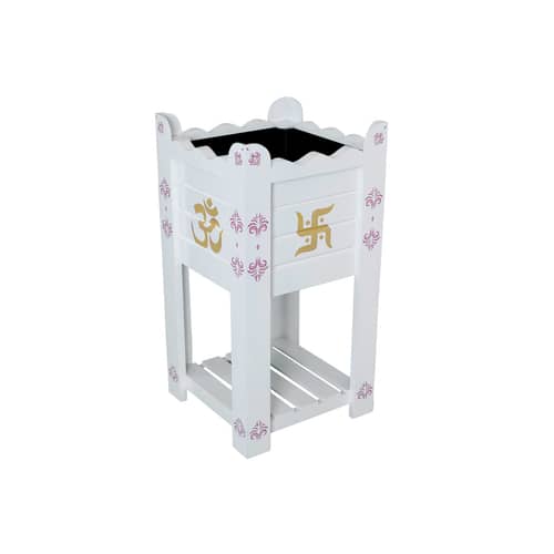 White Elevated Wood Polymer Composite Tulsi Planter With Hand Painted Pink & Gold  Art work
