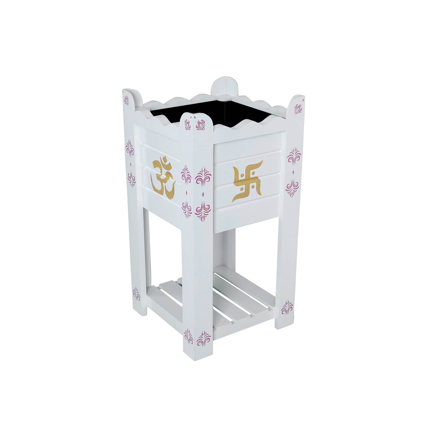 White Elevated Wood Polymer Composite Tulsi Planter With Hand Painted Pink & Gold  Art work