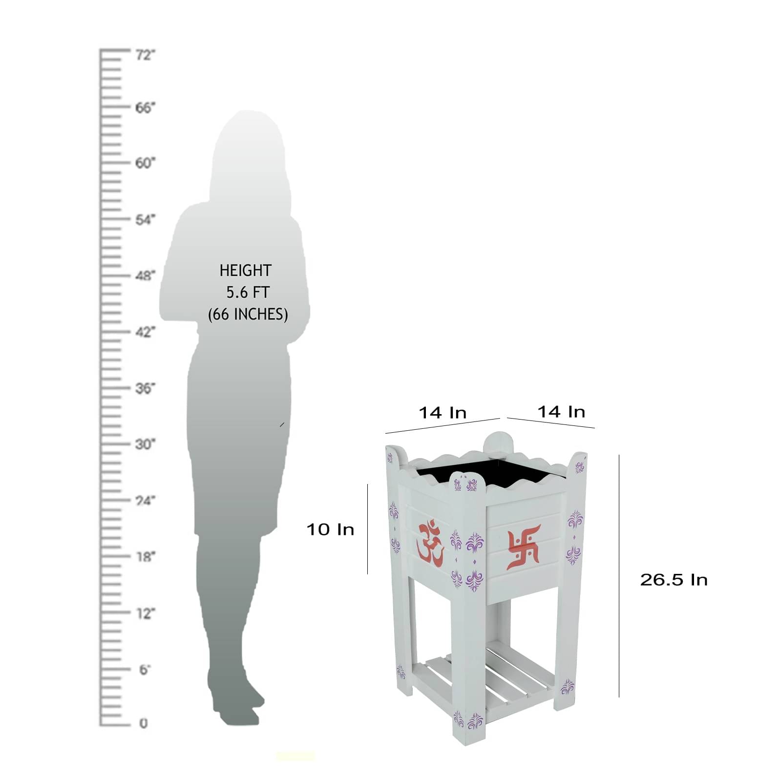 White Elevated Wood Polymer Composite Tulsi Planter With Hand Painted Pink & Gold  Art work