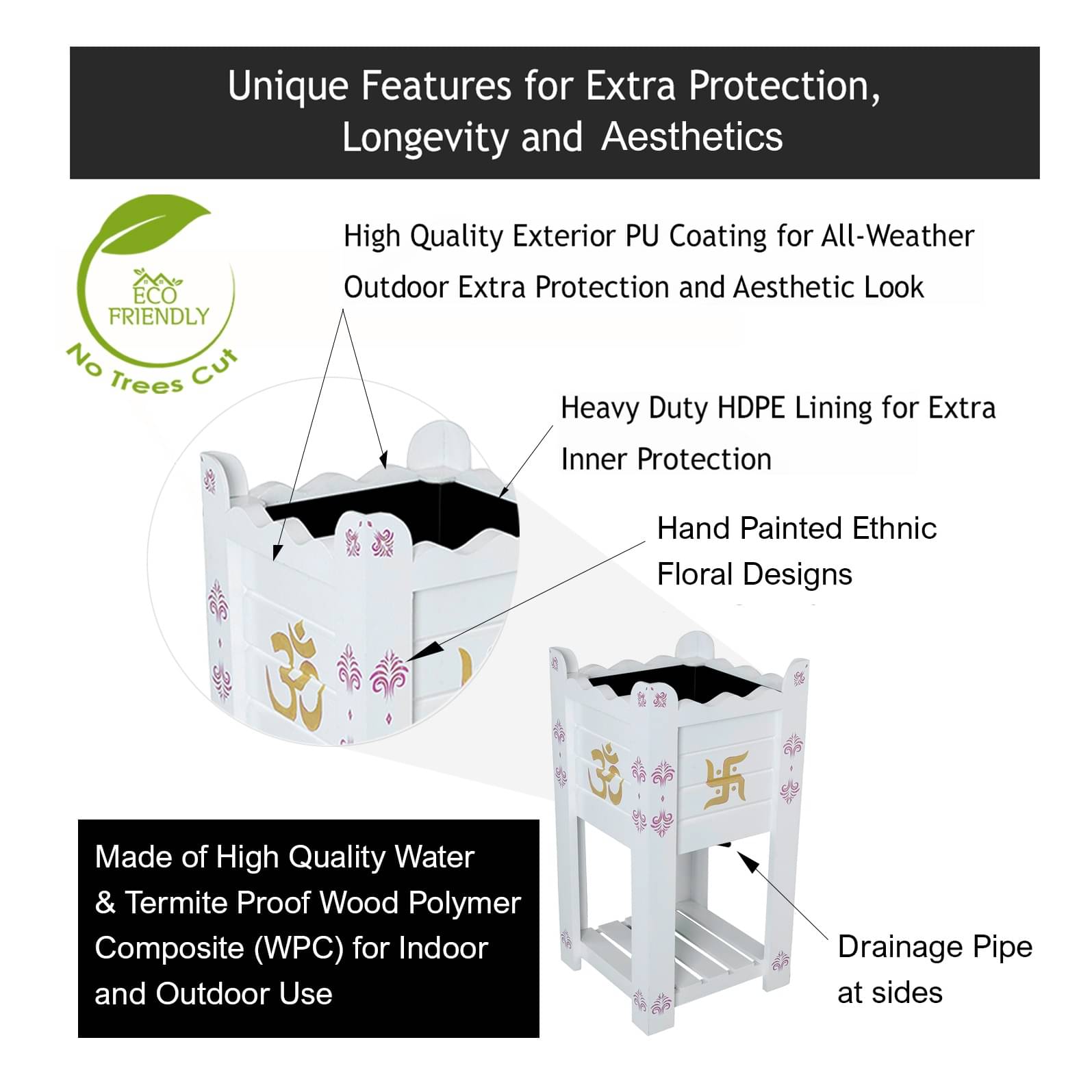 White Elevated Wood Polymer Composite Tulsi Planter With Hand Painted Pink & Gold  Art work