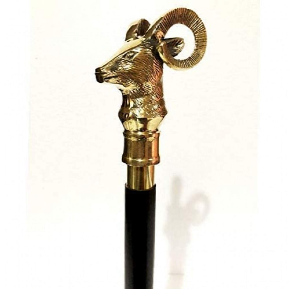 Antique 3 fold Designer Brass Dinosaur Style Wooden Folding Black Walking Stick Vintage - photo
