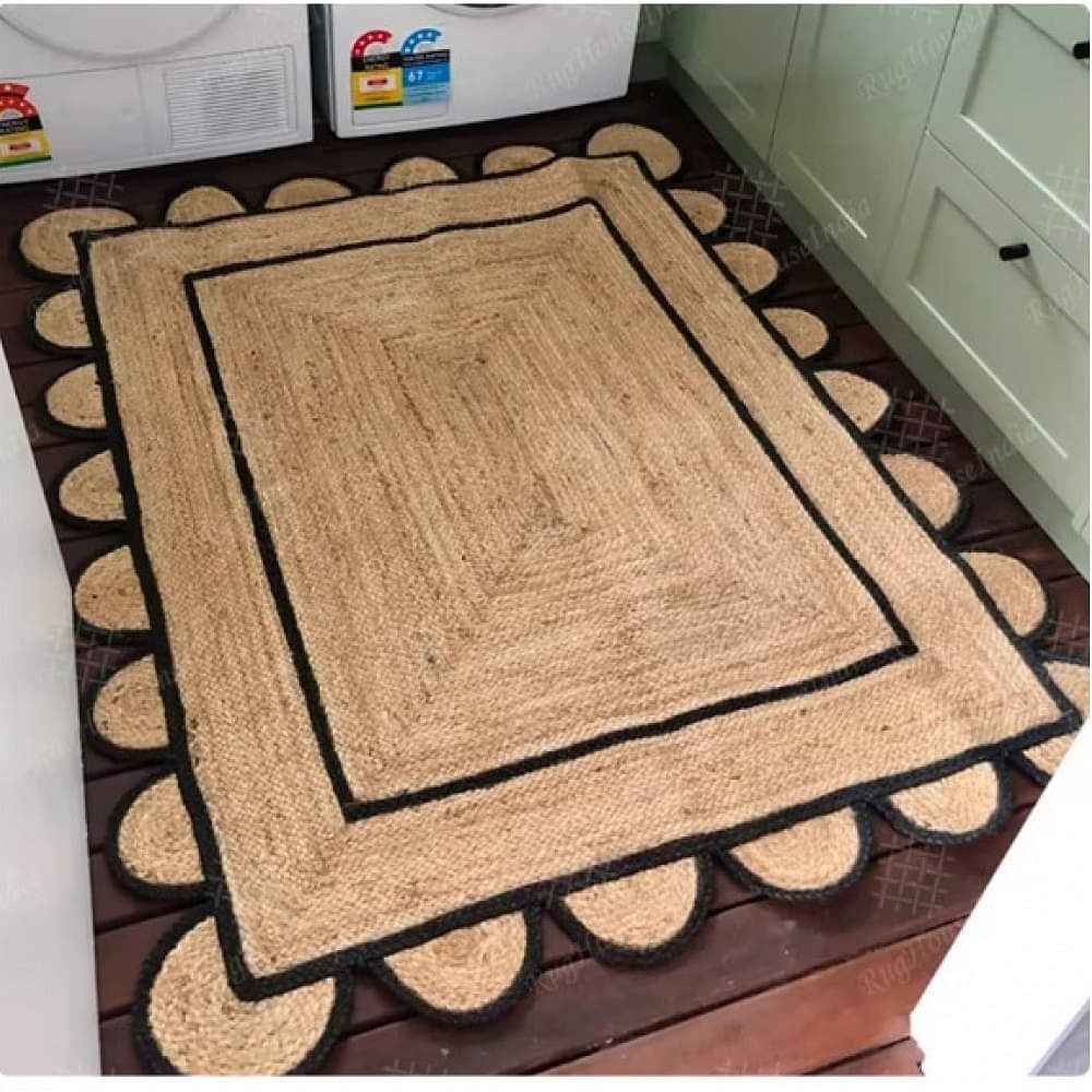 3X5 Feet Natural Jute Scalloped Rug Bedside Rectangle Rug - photo