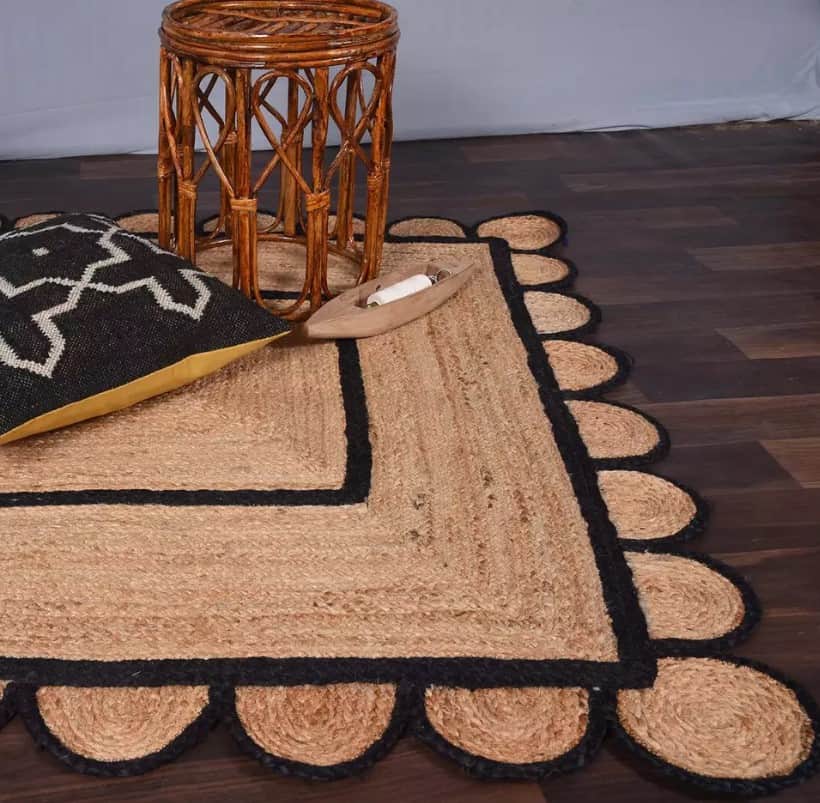 3X5 Feet Natural Jute Scalloped Rug Bedside Rectangle Rug - front_view