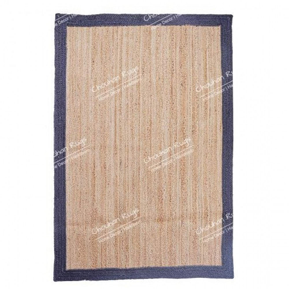 3x5 Feet Handmade Square Jute Rug with Blue Border - photo
