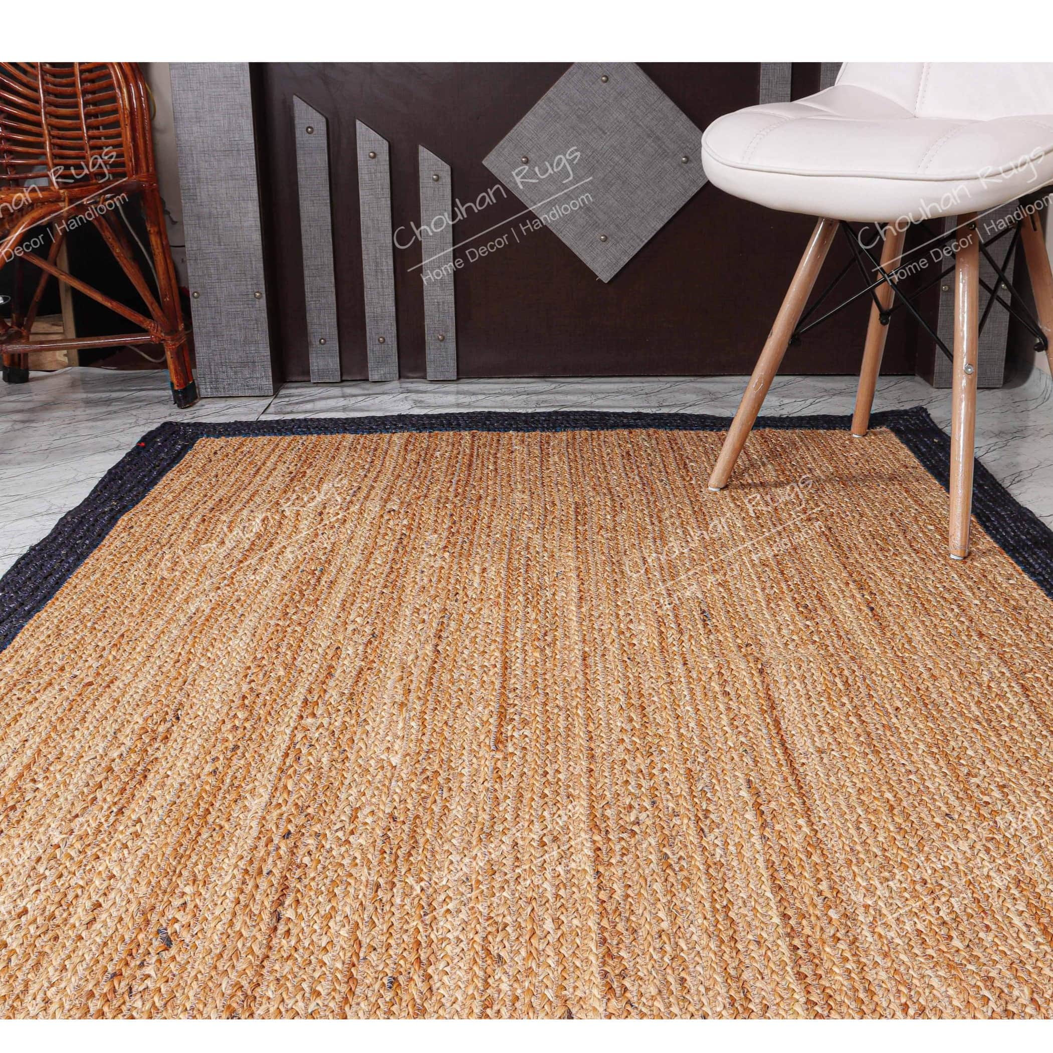 3x5 Feet Handmade Square Jute Rug with Blue Border - front_view