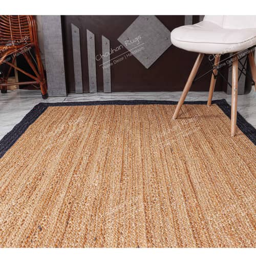 3x5 Feet Handmade Square Jute Rug with Blue Border